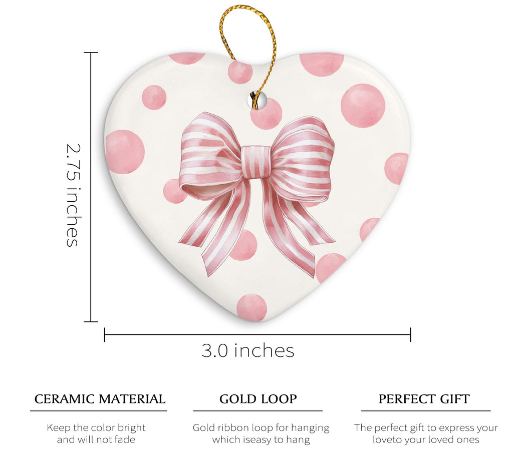 Coquette Trendy Pink Bow Ornament, Keepsake Sign for Decoration, Ceramic Heart