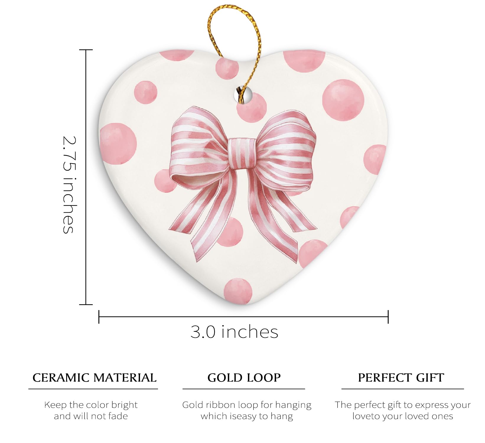 Coquette Trendy Pink Bow Ornament, Keepsake Sign for Decoration, Ceramic Heart