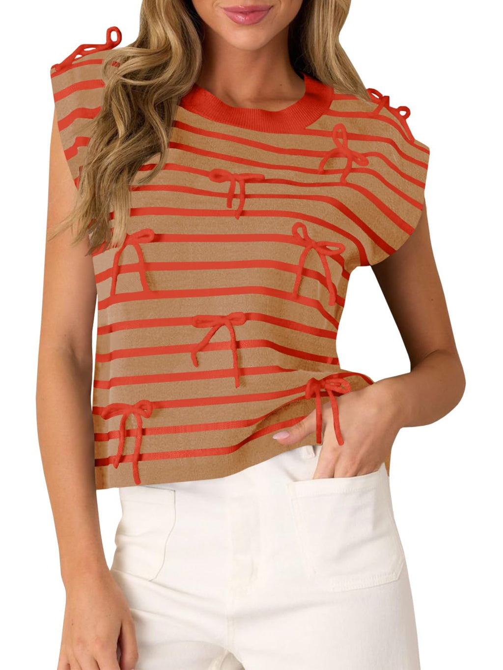 Womens Striped Bow Top Cap Sleeve Summer Cute Crewneck Going Out Lightweight Knit Sweater Vest Tops