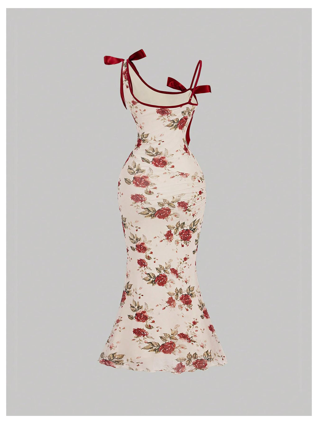 Asymmetric Women's Floral Print Bowknot Bodycon Maxi Dress Sleeveless Strap Fishtail Dress