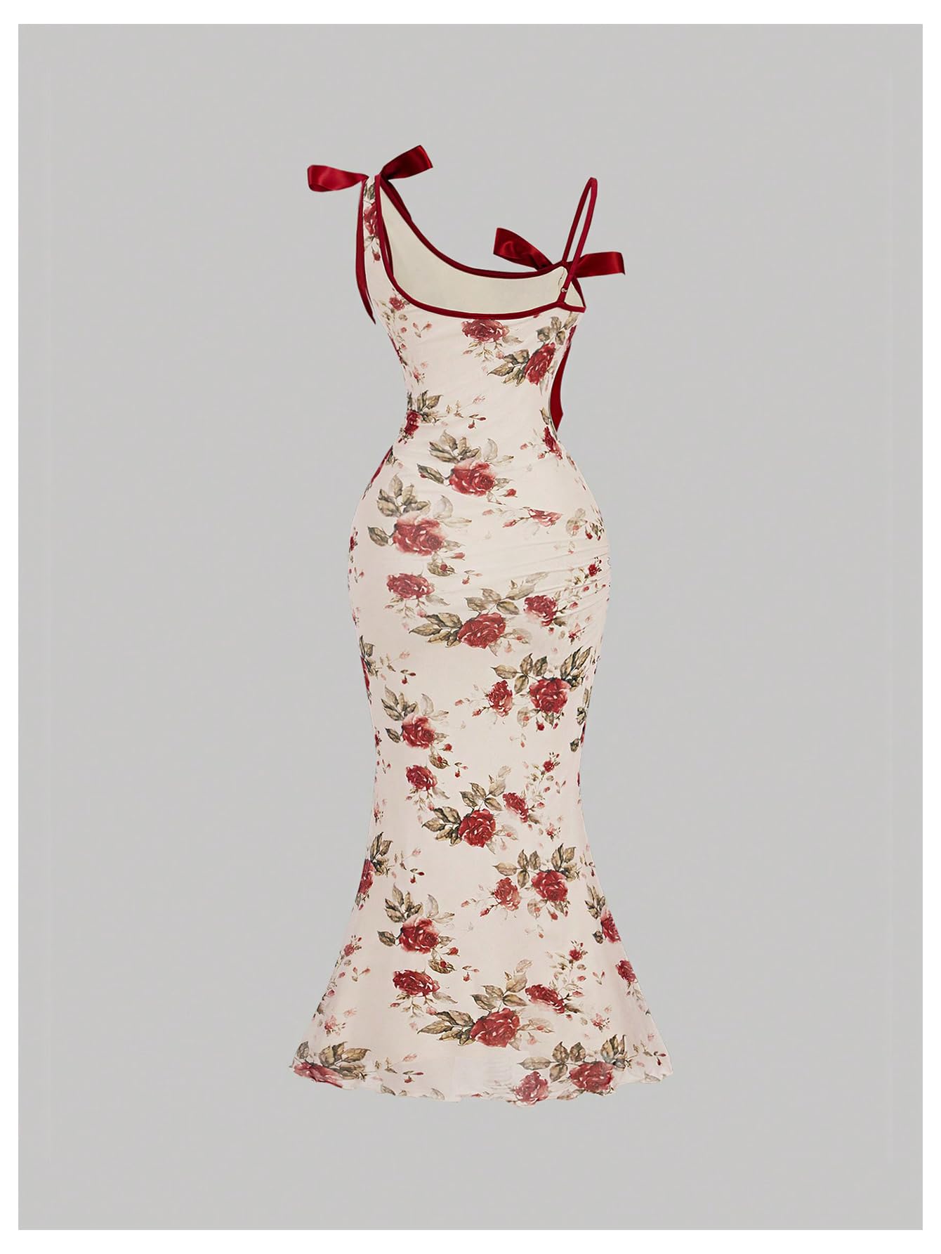Asymmetric Women's Floral Print Bowknot Bodycon Maxi Dress Sleeveless Strap Fishtail Dress