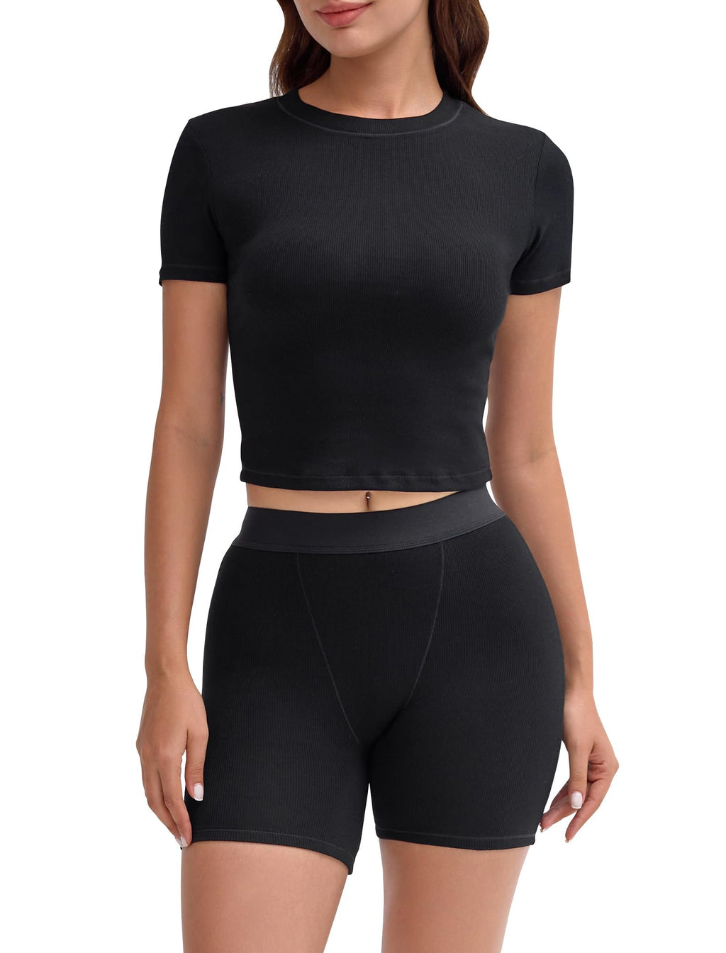 Two Piece Outfits for Women Matching Set Tracksuit Casual Workout Clothes Cotton Ribbed T-shirt Boxer Shorts