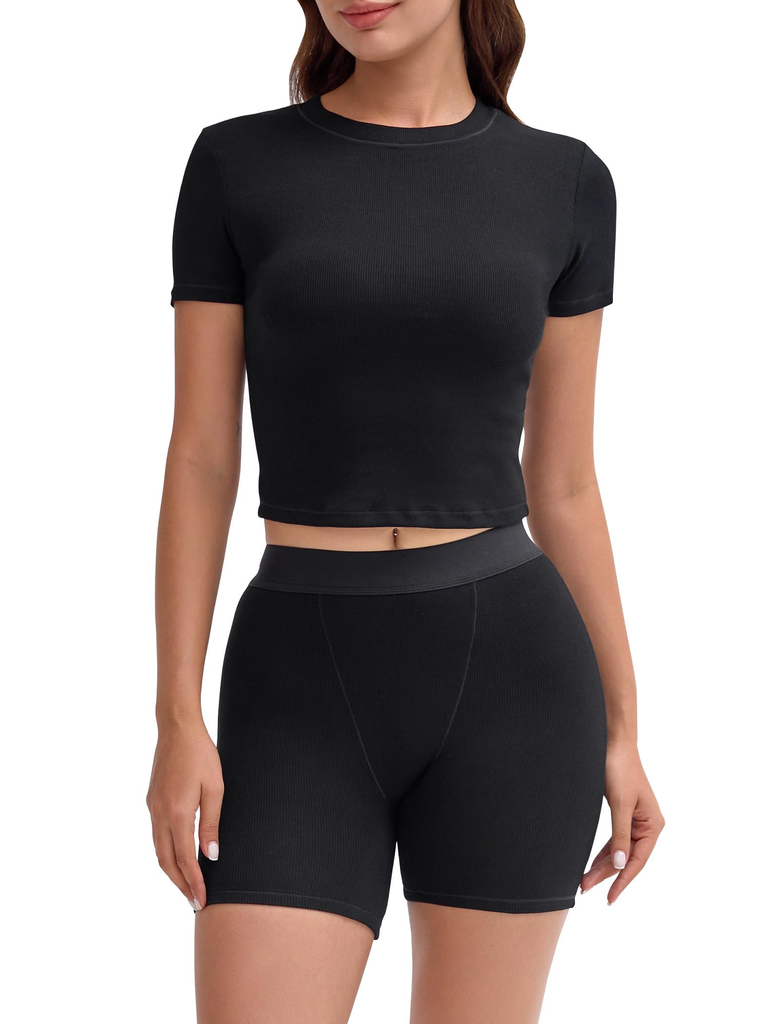 Two Piece Outfits for Women Matching Set Tracksuit Casual Workout Clothes Cotton Ribbed T-shirt Boxer Shorts