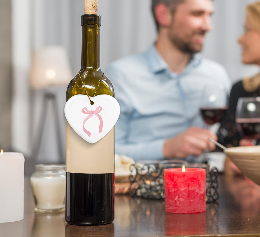 Coquette Trendy Pink Bow Ornament, Keepsake Sign for Decoration, Ceramic Heart