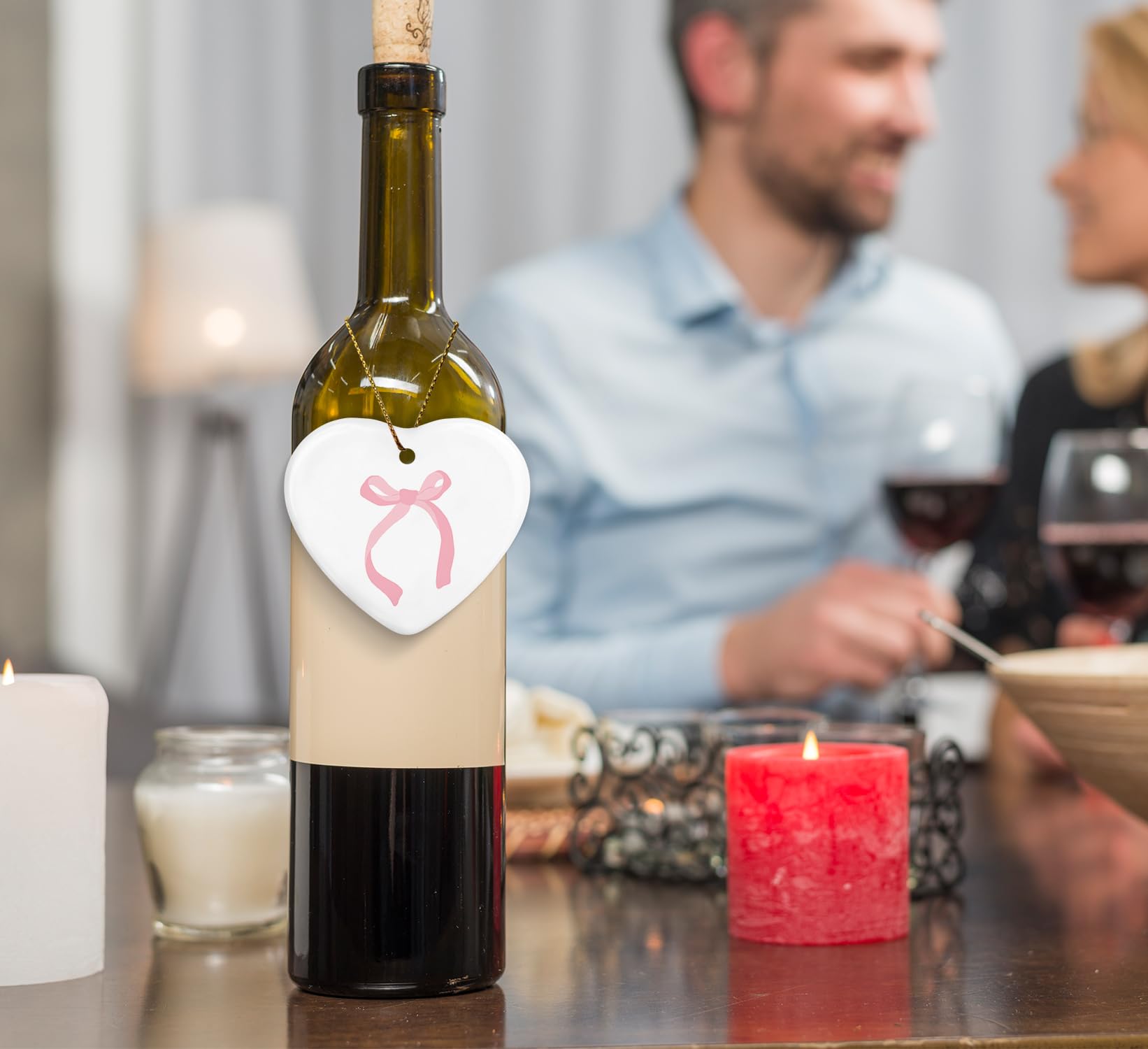 Coquette Trendy Pink Bow Ornament, Keepsake Sign for Decoration, Ceramic Heart