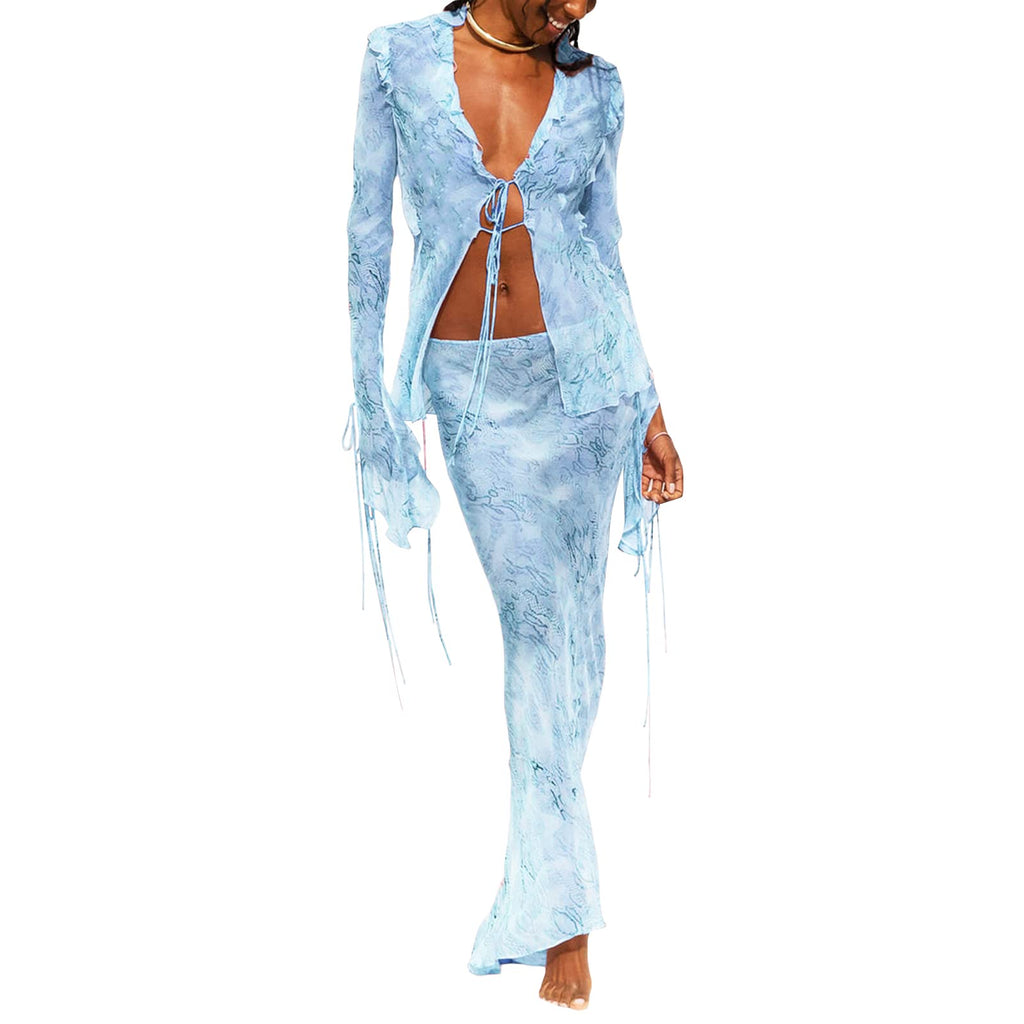 Women Sexy Y2K Maxi Skirt Set Strapless Bodycon Lace Tube Top See Through 2 Piece Outfits Summer Party Wear Dress