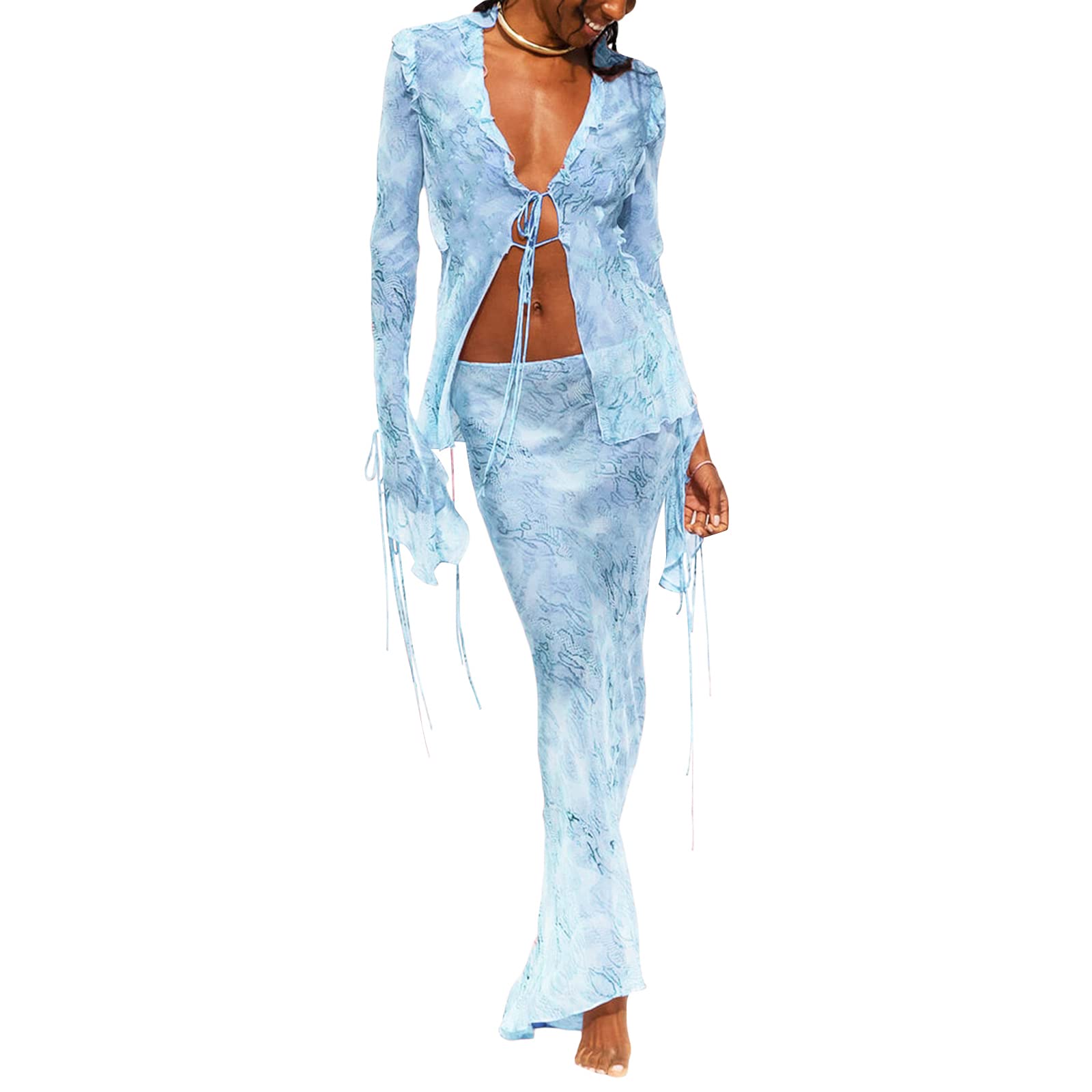 Women Sexy Y2K Maxi Skirt Set Strapless Bodycon Lace Tube Top See Through 2 Piece Outfits Summer Party Wear Dress