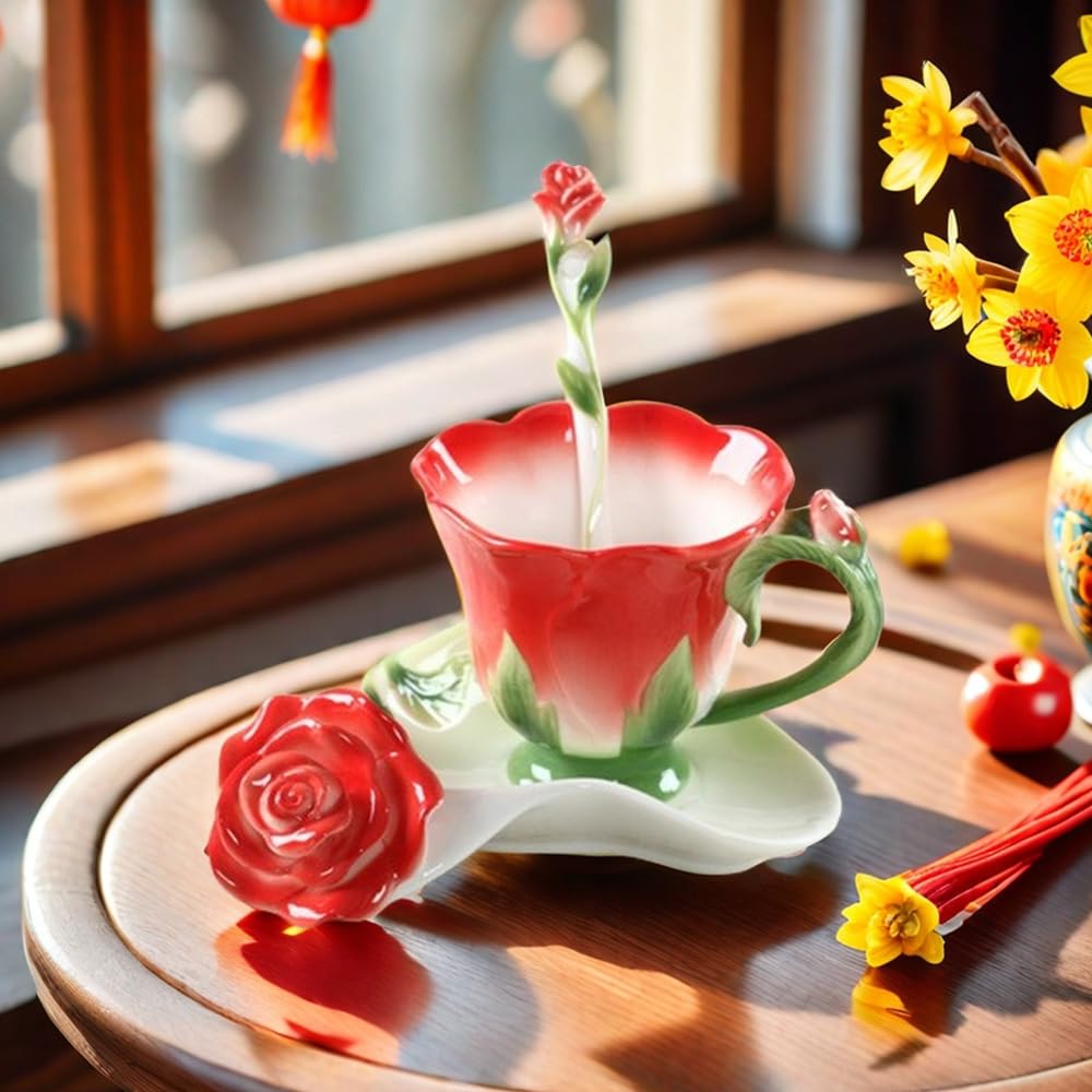 Rose Tea Cup and Saucer -  Set for 1 Ceramic Hand Crafted Rose Flower Cup, 6 Oz
