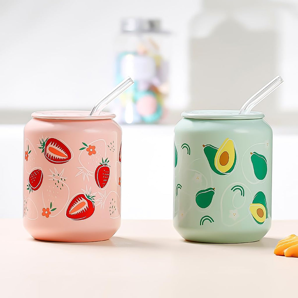 Cute Fruit Strawberry Pattern Coke Cans Shaped Ceramic Mug with Lid and Straw 17oz Pink Drinking Cup - Microwave Safe