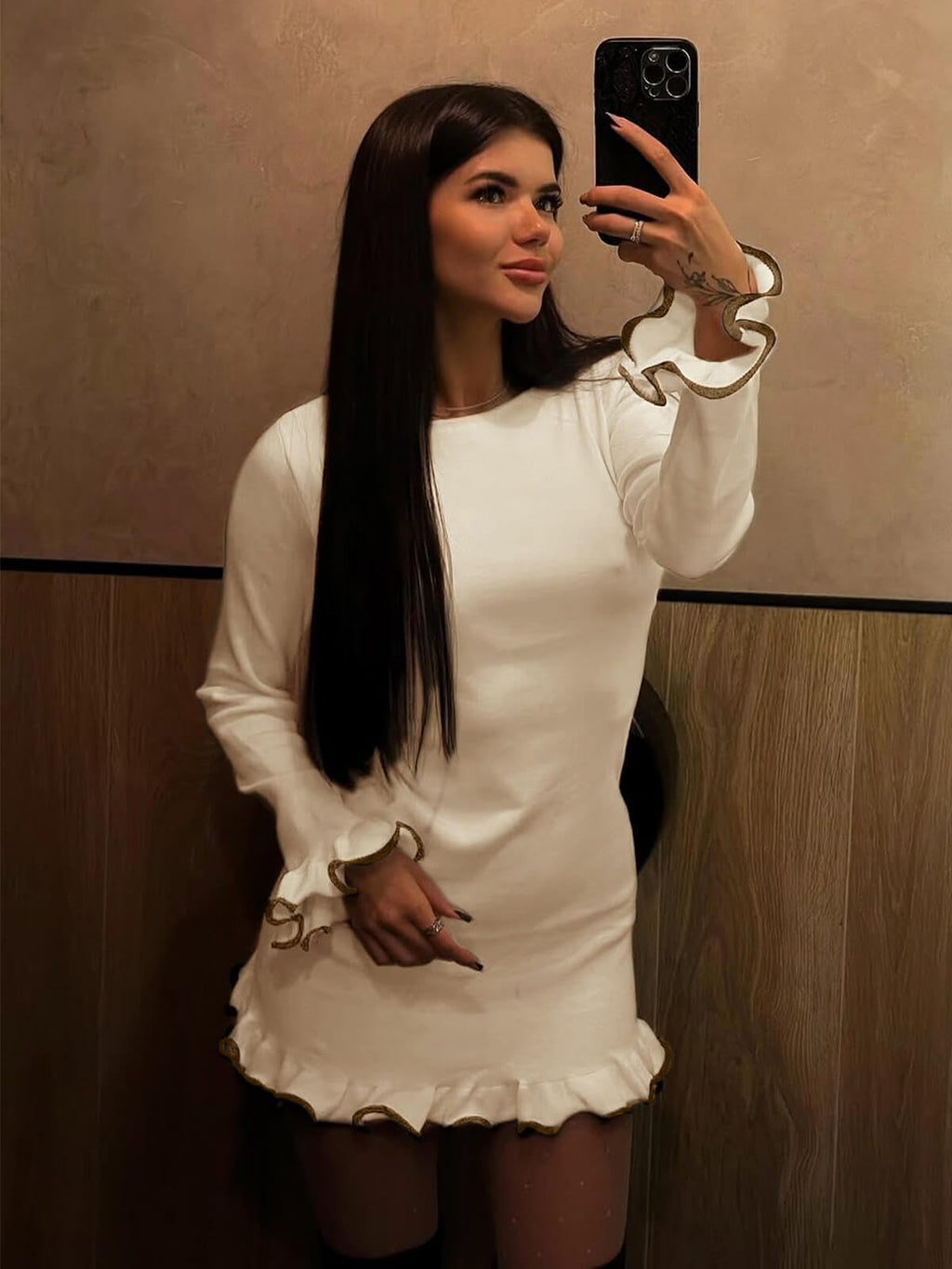 Womens Ruffle Long Sleeve Mini Bodycon Boat Neck Ribbed Knit Sweater Dress