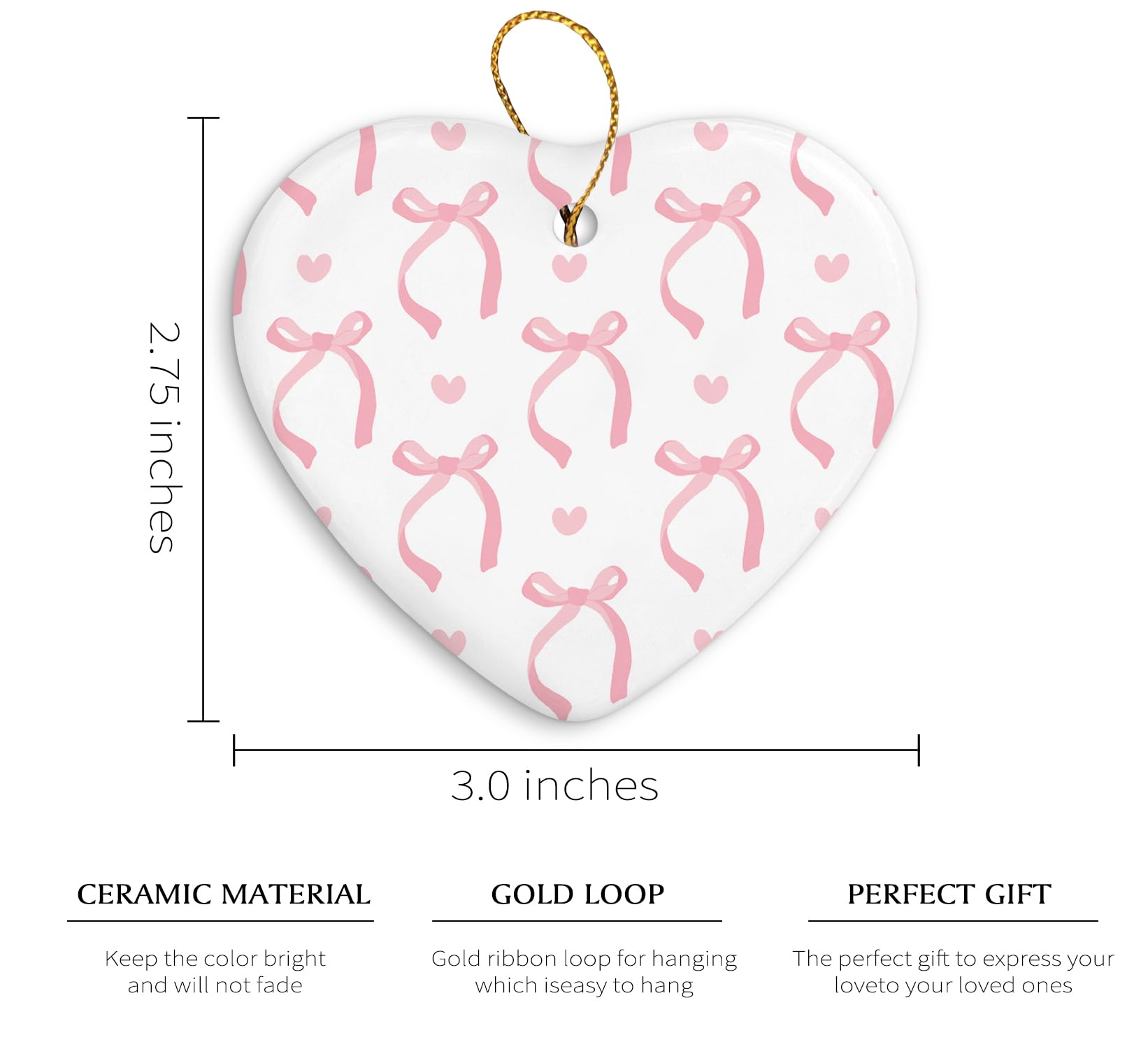 Coquette Trendy Pink Bow Ornament, Keepsake Sign for Decoration, Ceramic Heart
