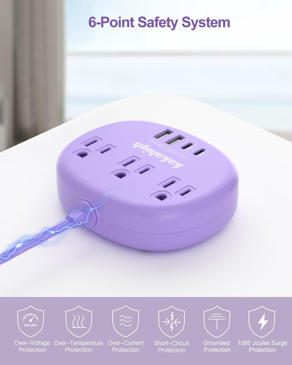Cute Surge Protector â€?5FT Flat Extension Cord, 3 Outlets, 4 USB Ports (24W)