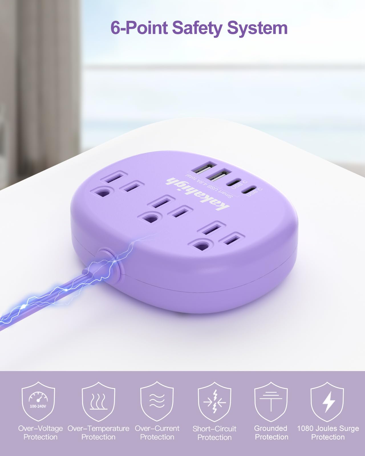 Cute Surge Protector â€?5FT Flat Extension Cord, 3 Outlets, 4 USB Ports (24W)