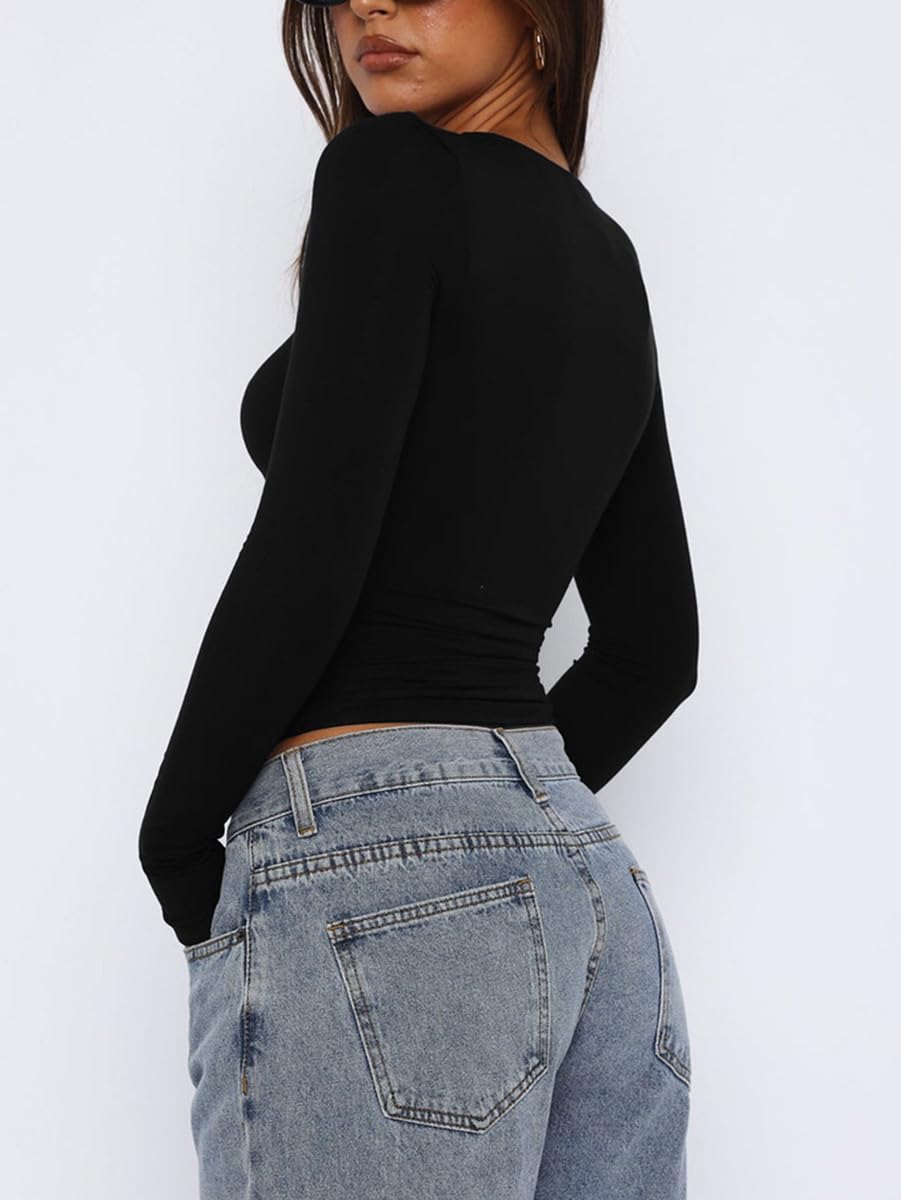 Women's Y2K Long Sleeve T Shirts Crewneck Star Pattern Crop Tops Slim Fit Tops