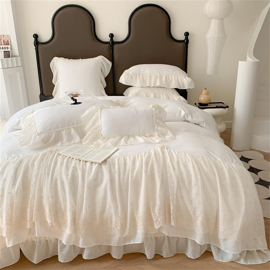 Lace Duvet Cover - Chiffon Ruffled Beddding Set with Flower, 3 Pieces Comforter Cover Set with Zipper Closure and Pillowcase