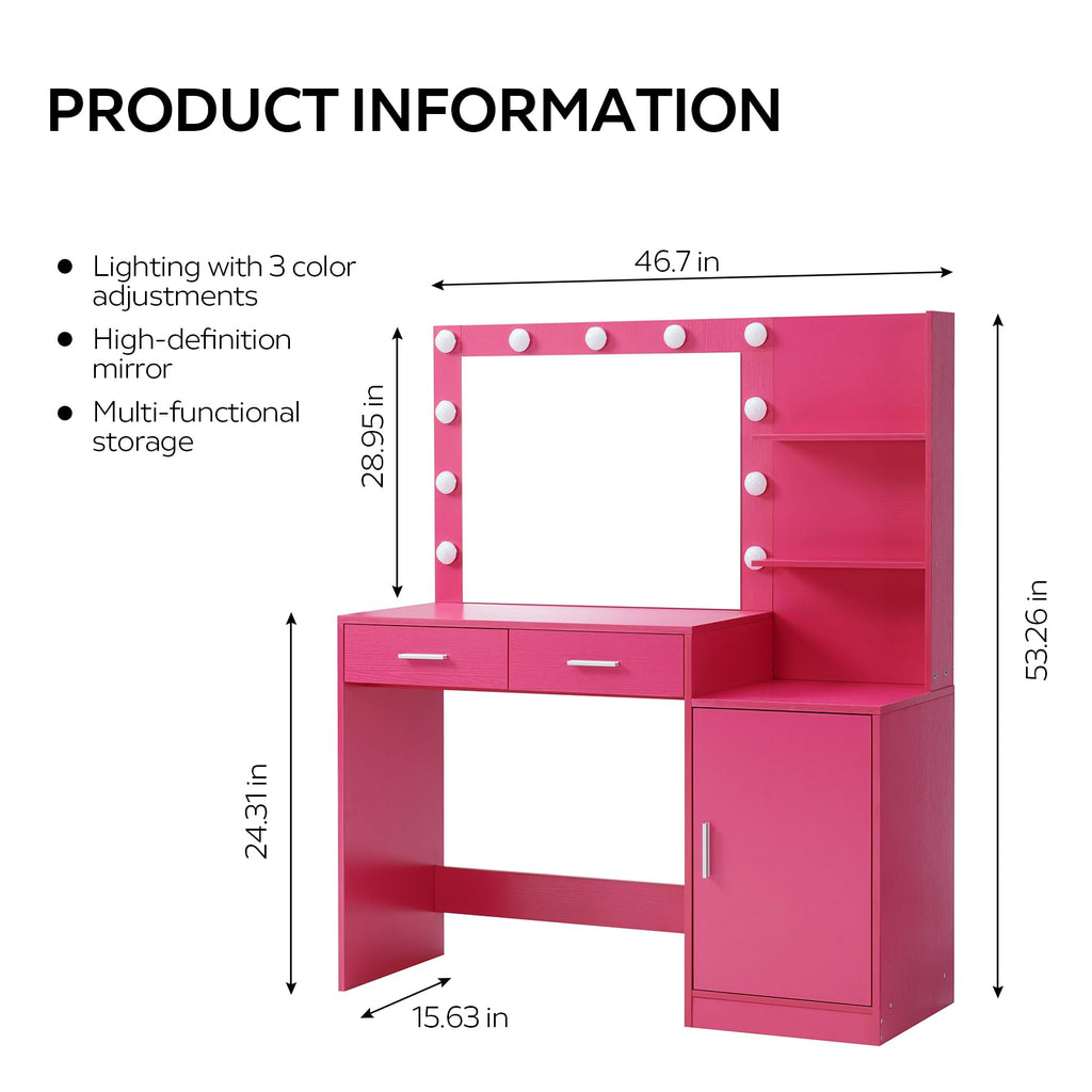 Vanity Desk with Mirror and LED Light Strip,Dressing Table with Large Drawer, 3 Level Storage Dresser & 3 Lighting Modes Adjustable Brightness