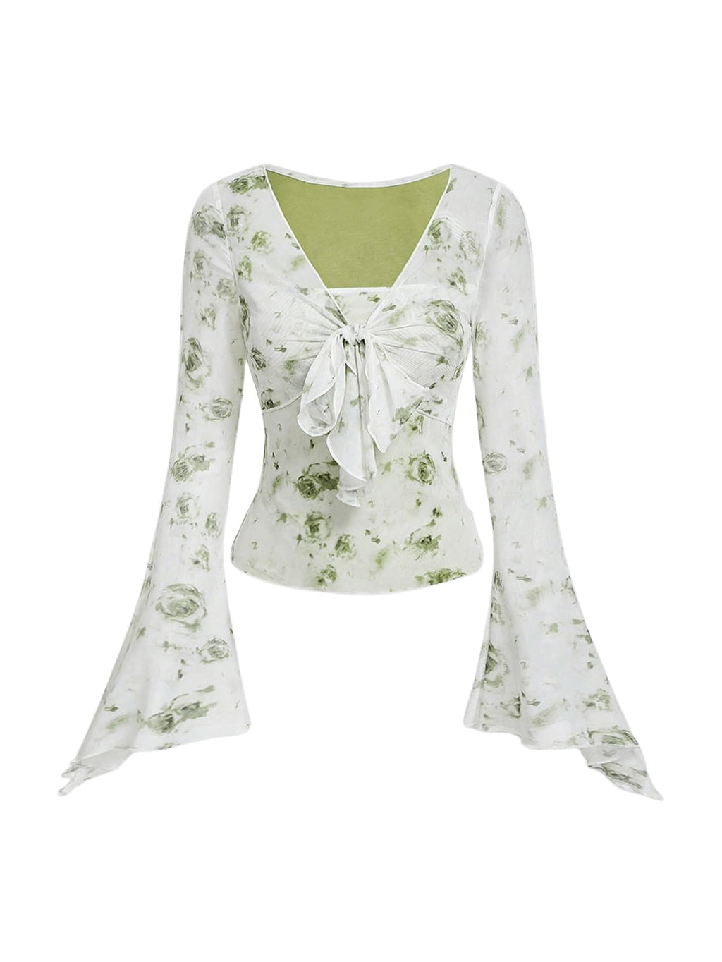 Verdusa Women's Floral Print Mesh Bell Sleeve Tie-Front Top with Lettuce Trim