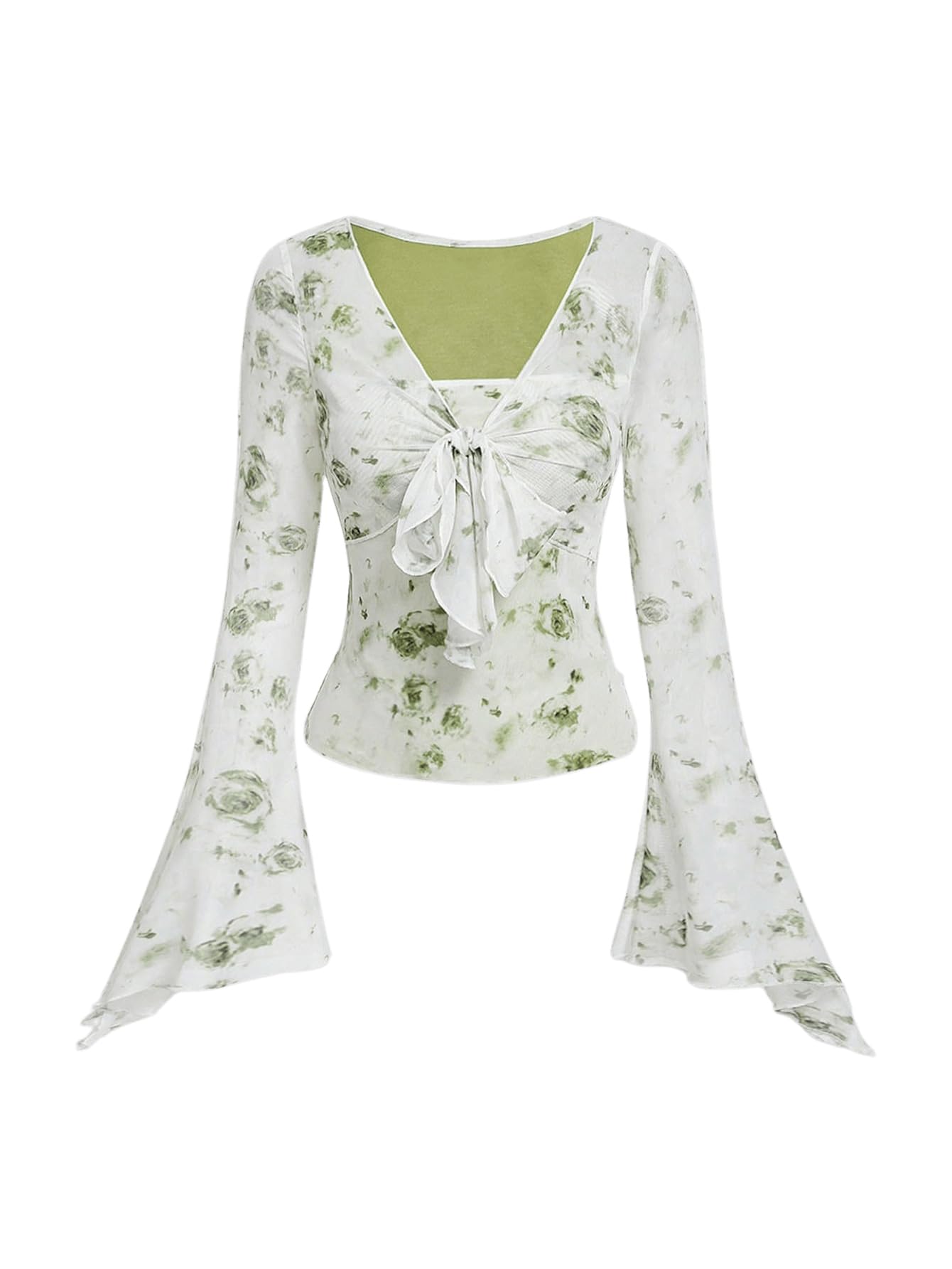 Verdusa Women's Floral Print Mesh Bell Sleeve Tie-Front Top with Lettuce Trim