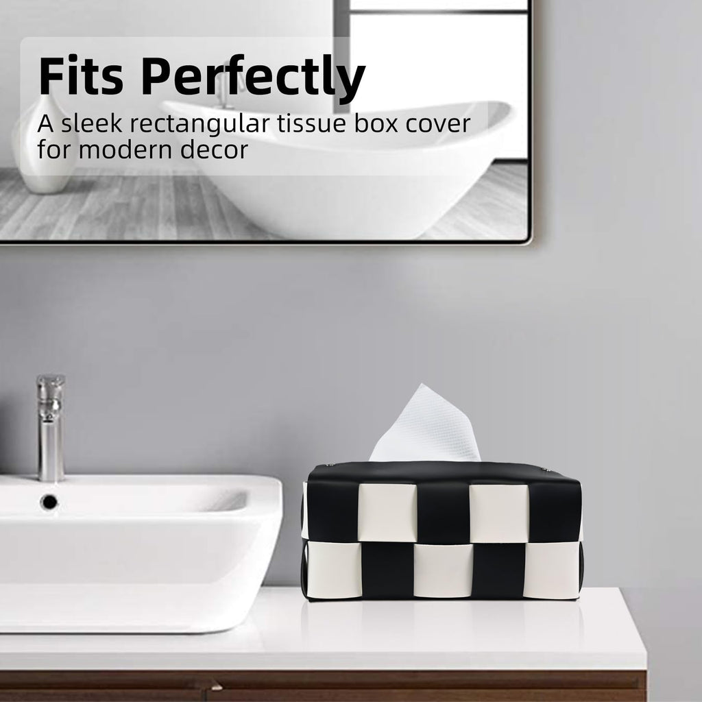 PU Leather Tissue Box Holder with Metal Buckle, Checkered Tissue Box, Decorative Organizer