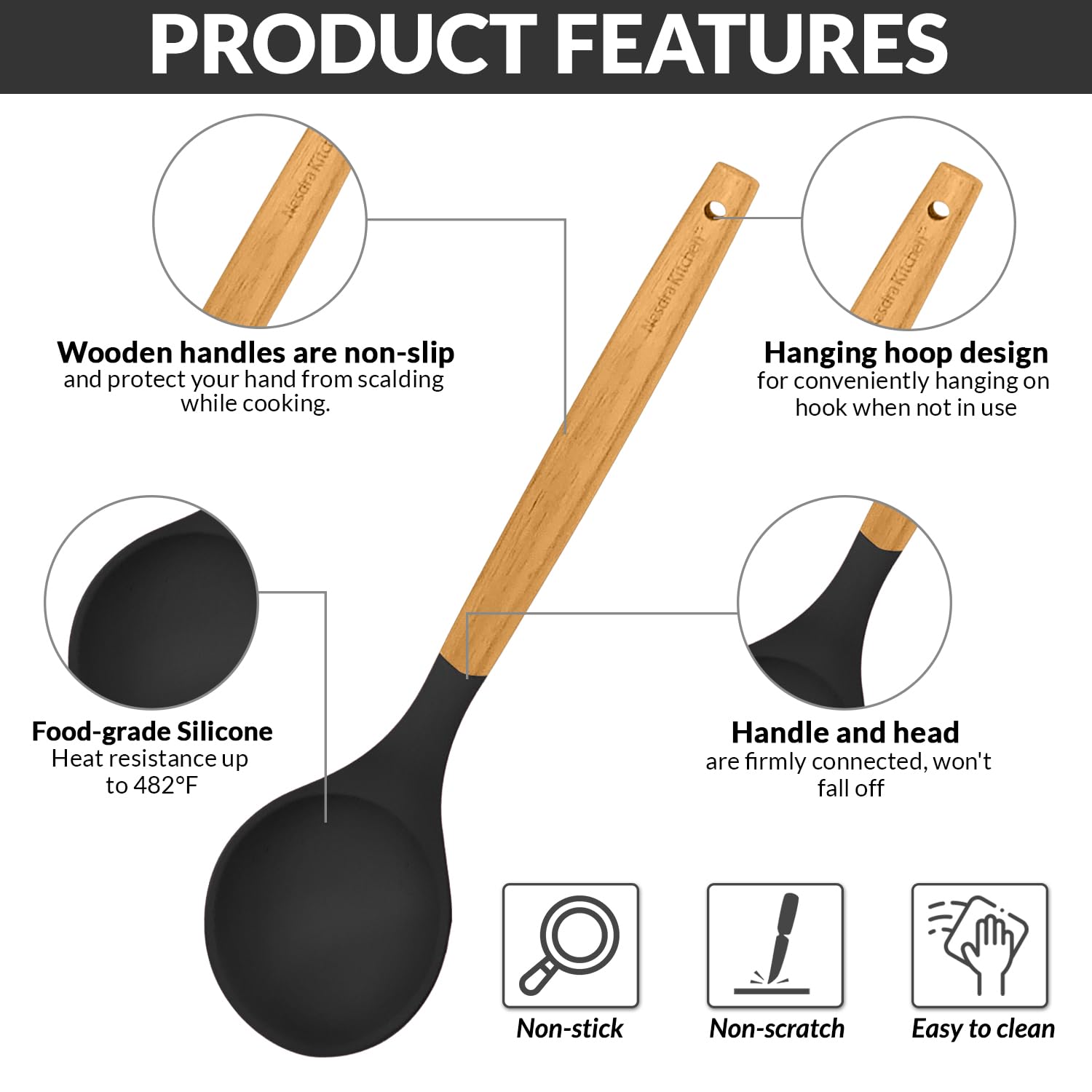 Silicone Cooking Utensils Set with Wooden Handles â€?Food-Grade, BPA-Free & Heat Resistant Kitchen Tools for Nonstick Cookware, Includes Holder & Hooks 33-Piece