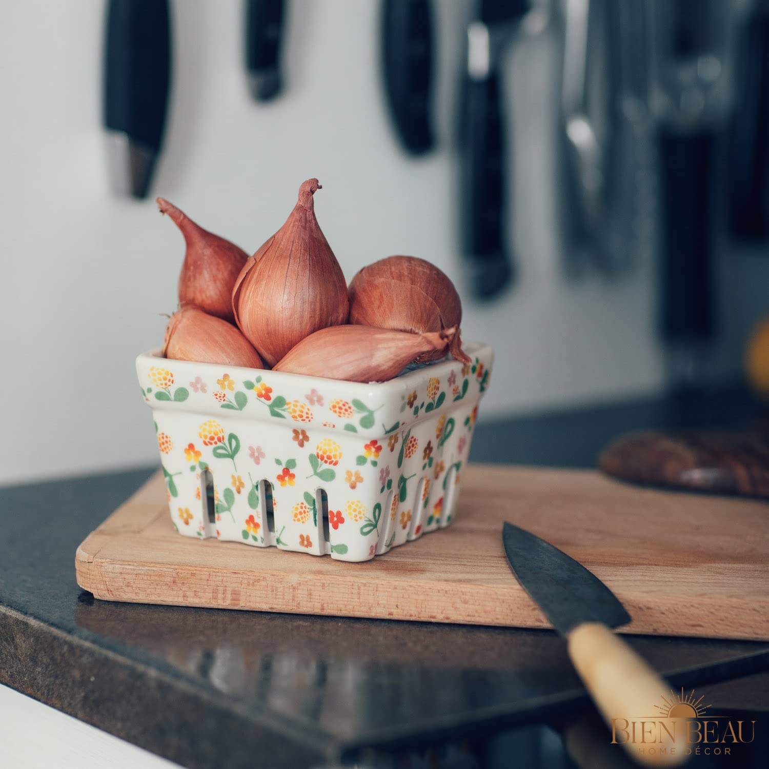 Farmhouse Ceramic Berry Basket, Colander, Fruit Decor, Fruit Bowls/Baskets, Kawaii Kitchen Bowl Fruit Pattern Stoneware Harvest Square Bowls Set of 4
