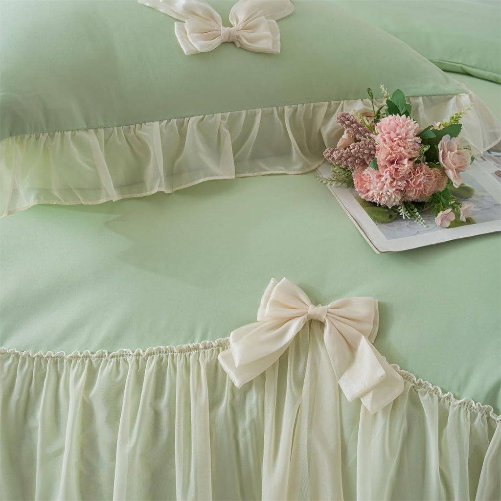 Ruffle Duvet Cover Bedding Set with Bowtie, 2 Pieces Comforter Cover Set with Zipper Closure with Pillowcase