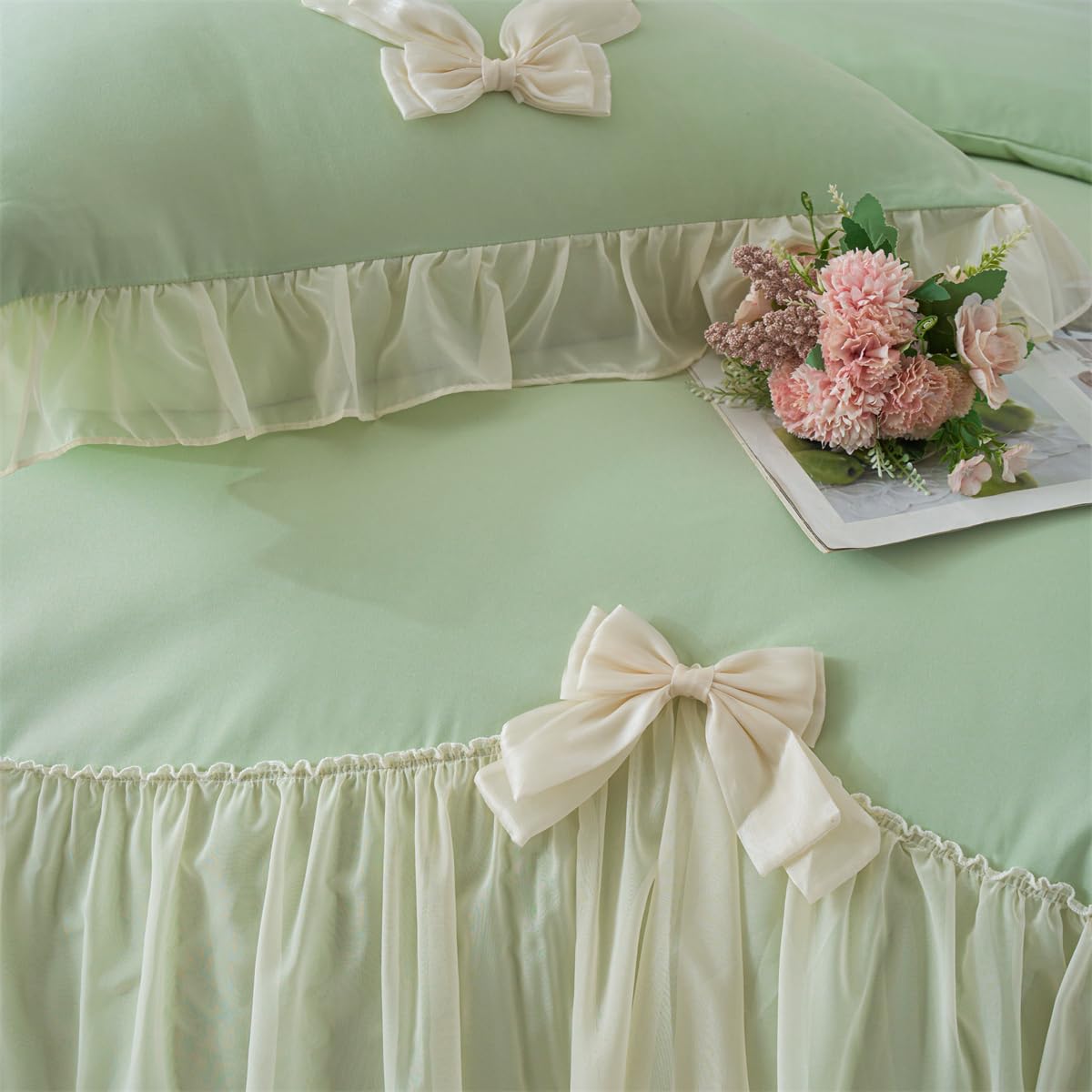 Ruffle Duvet Cover Bedding Set with Bowtie, 2 Pieces Comforter Cover Set with Zipper Closure with Pillowcase