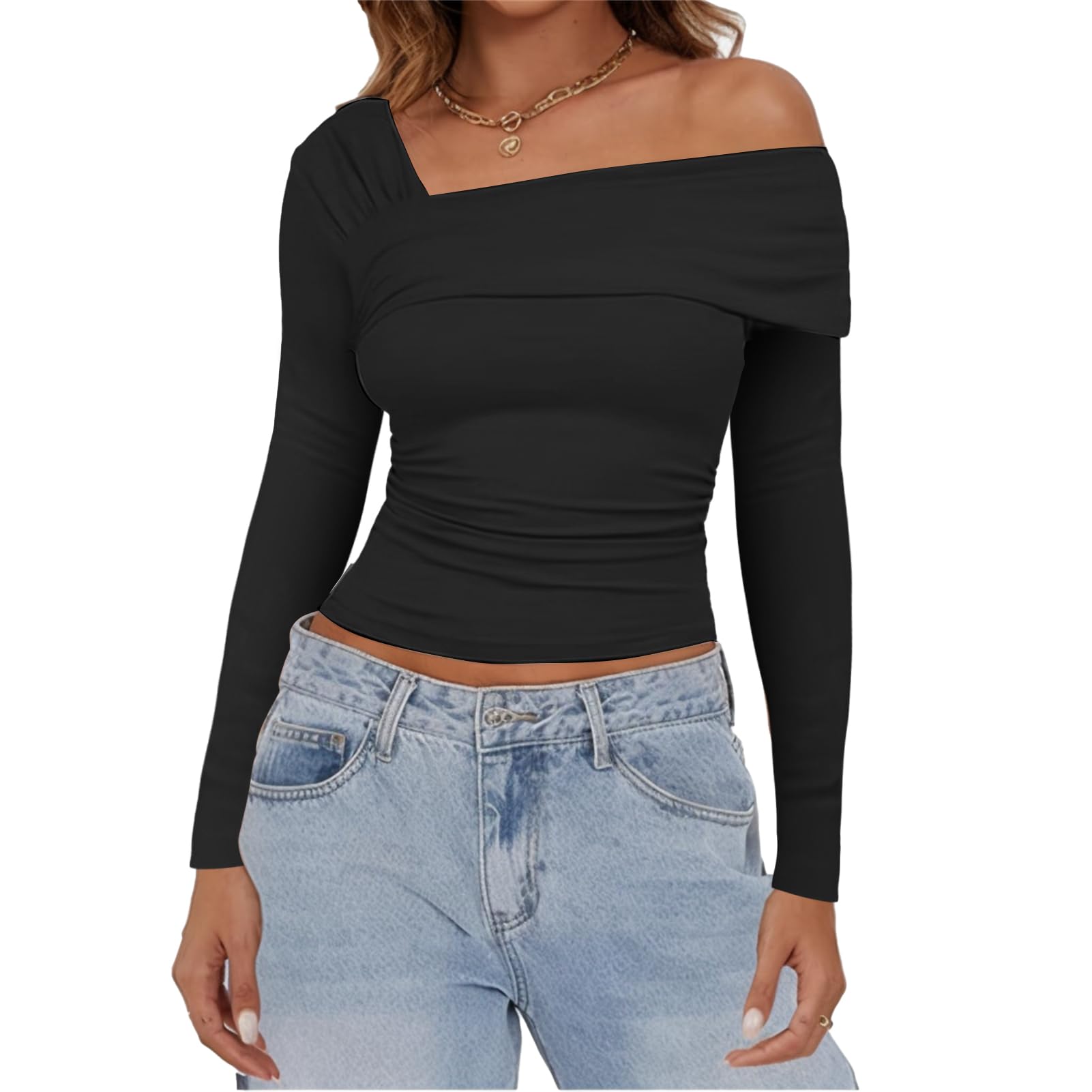 Women's One Off The Shoulder Top - Short Sleeve Ruched Going Out Crop Top Slim Fit Y2K T Shirt