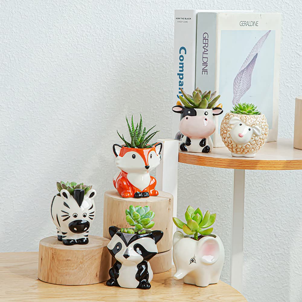 Cute Animal Ceramics Planter Small Succulent Pot Cartoon Shaped Plant Pot for Mini Plants Flower Cactus, Smooth Shiny Ceramic - Plants Not Included