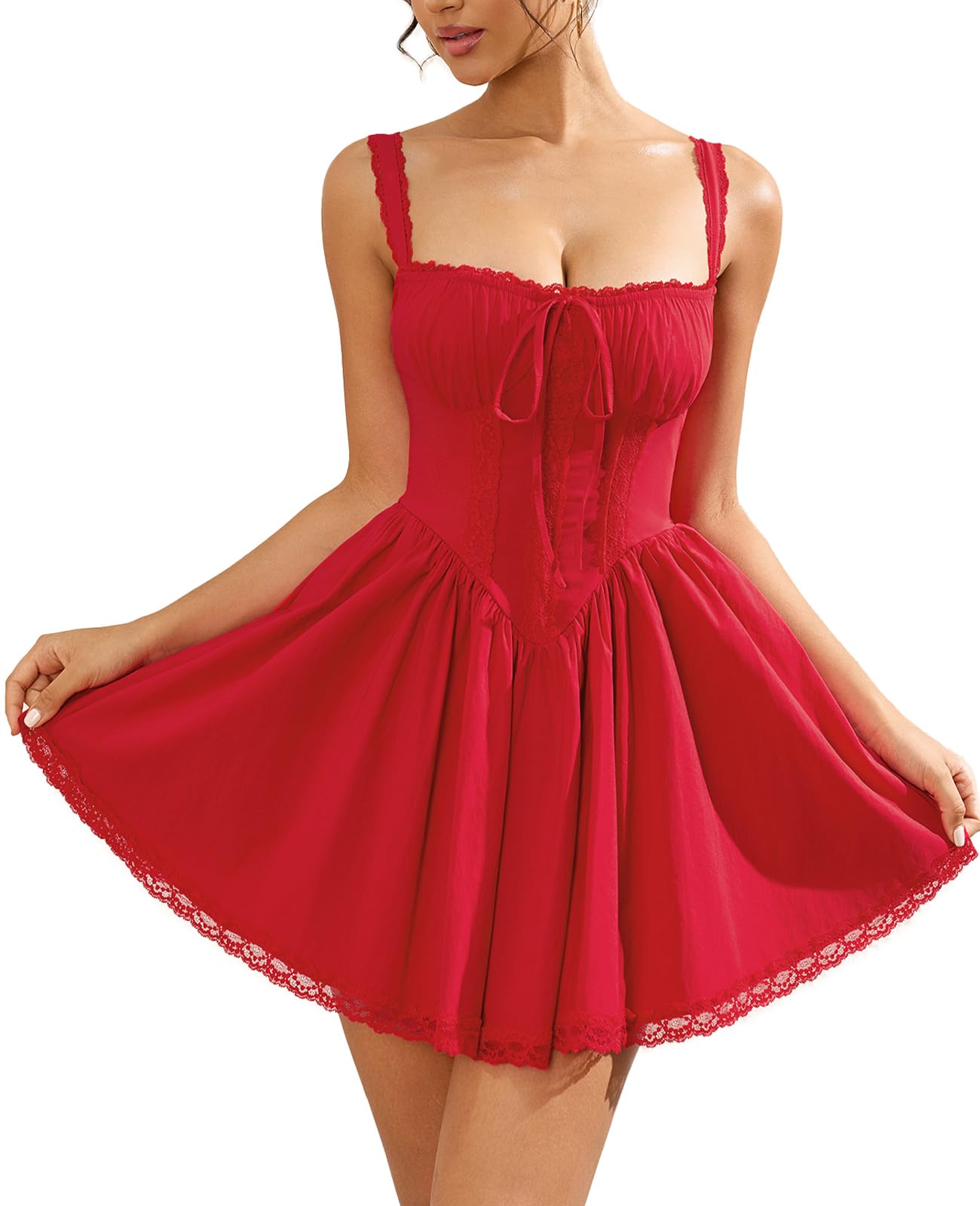 Womens Summer Mini Dress Square Neck Tie Front Lace Spliced Ruched Backless Casual Party Short Bodycon Dresses