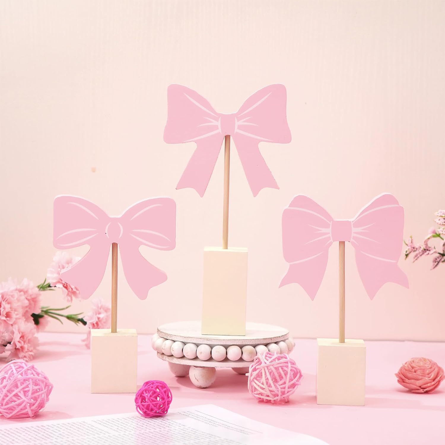 Coquette 3 Pcs Pink Bow Nursery Decor Wooden SignShelf Decor with Base Aesthetic Standing Bowknot Table Sign Centerpiece Accessories