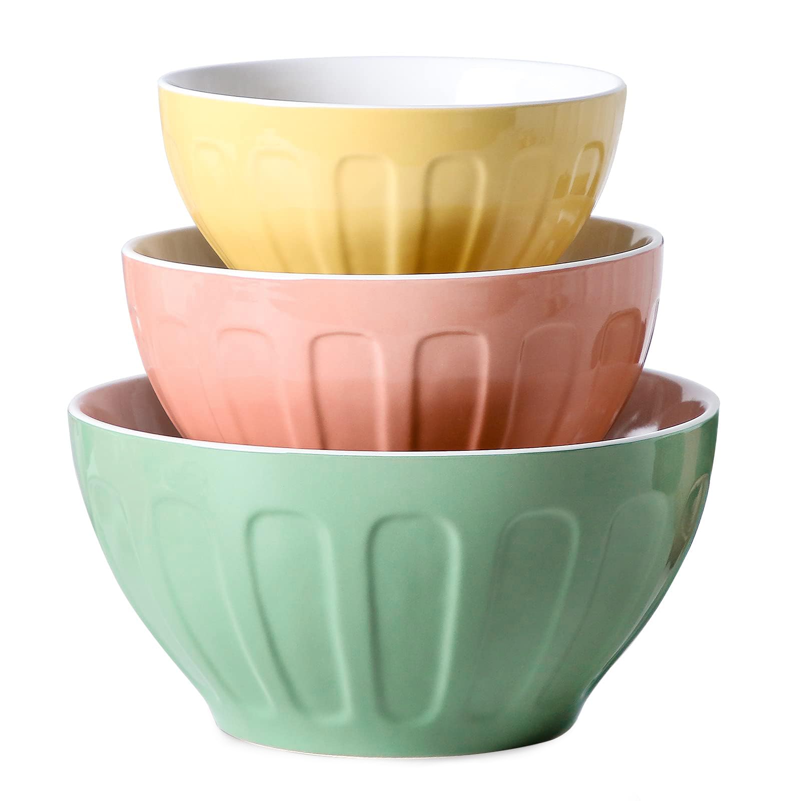 Ceramic Mixing Bowls for Kitchen, 3-Piece Large Colorful Serving Bowls, 3.13/1.68/1.18 Qt Deep Microwaveable Nesting Bowl, Stackable and Functional