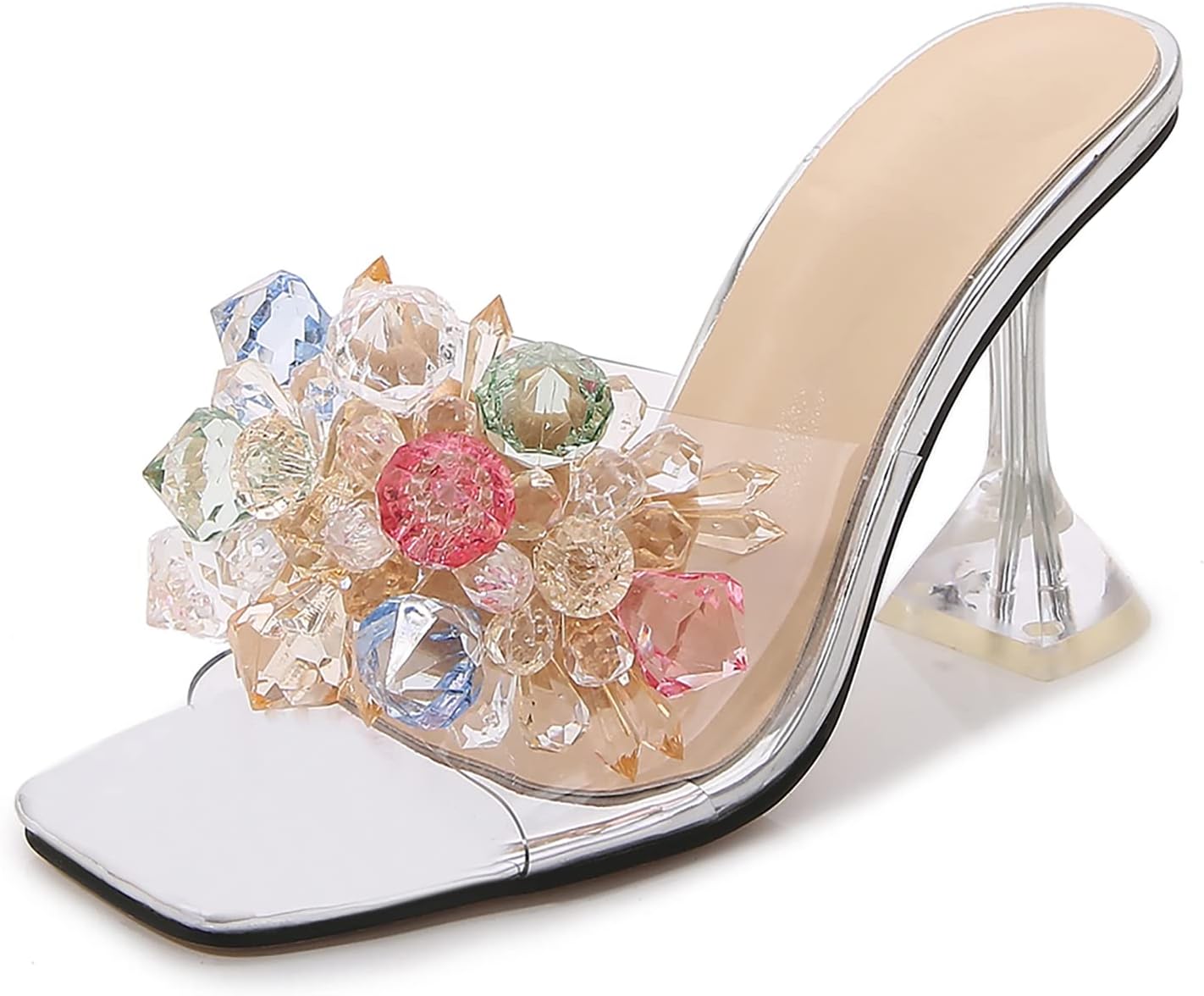 Women's Crystal Flower Heels Square Toe Heeled Sandals