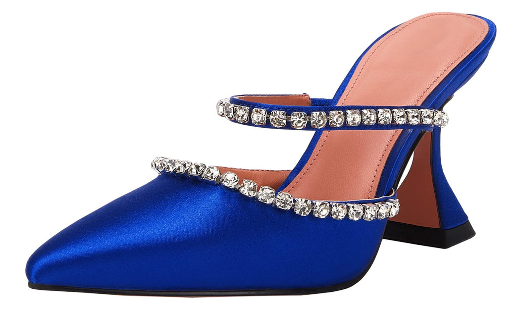 Women's Pointed Toe Strappy Heels Crystal Satin Heeled Mules Shoes