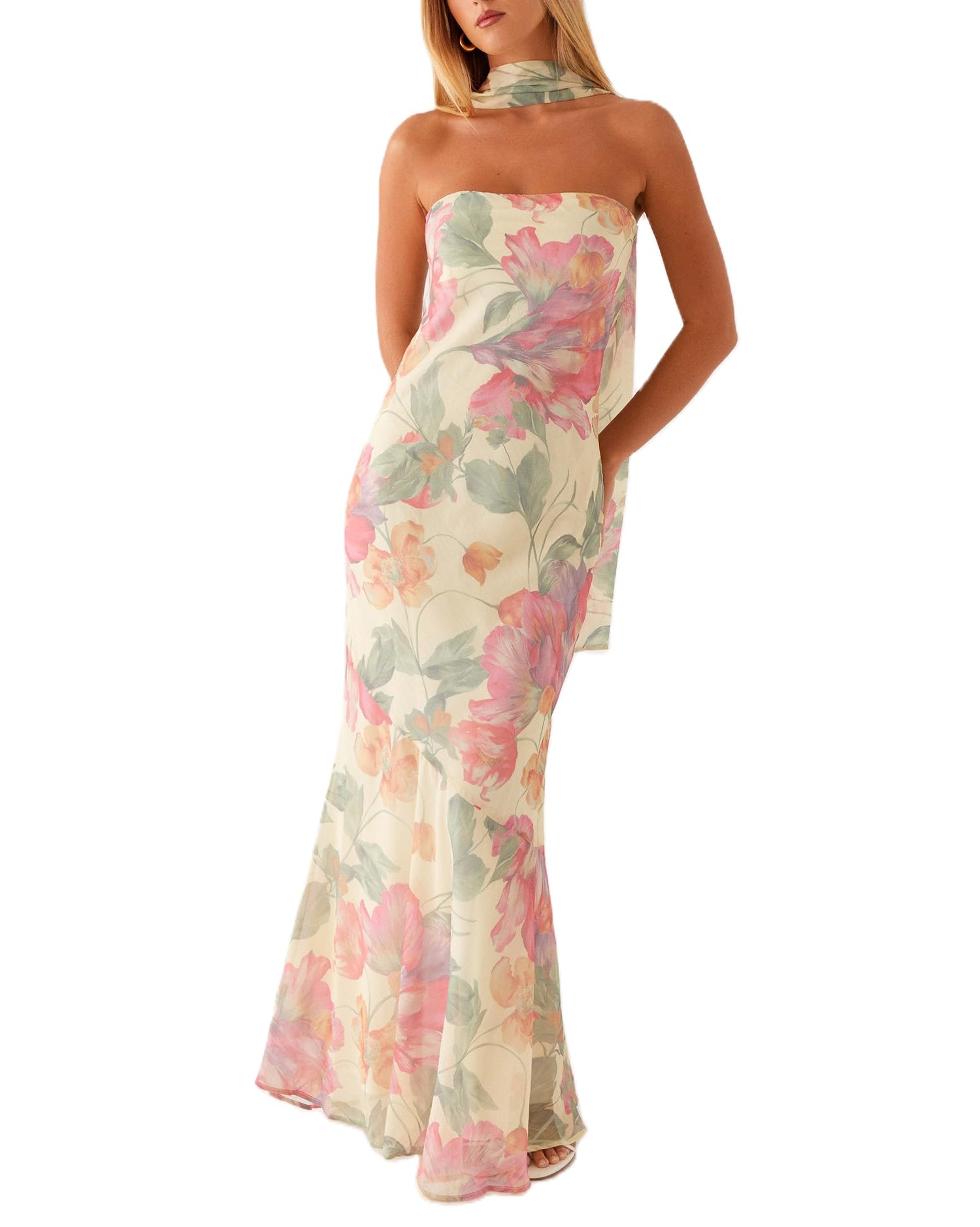 Women Y2k Floral Strapless Dress Sexy Backless Tube Maxi Dress Sleeveless Mesh Bodycon Long Dress