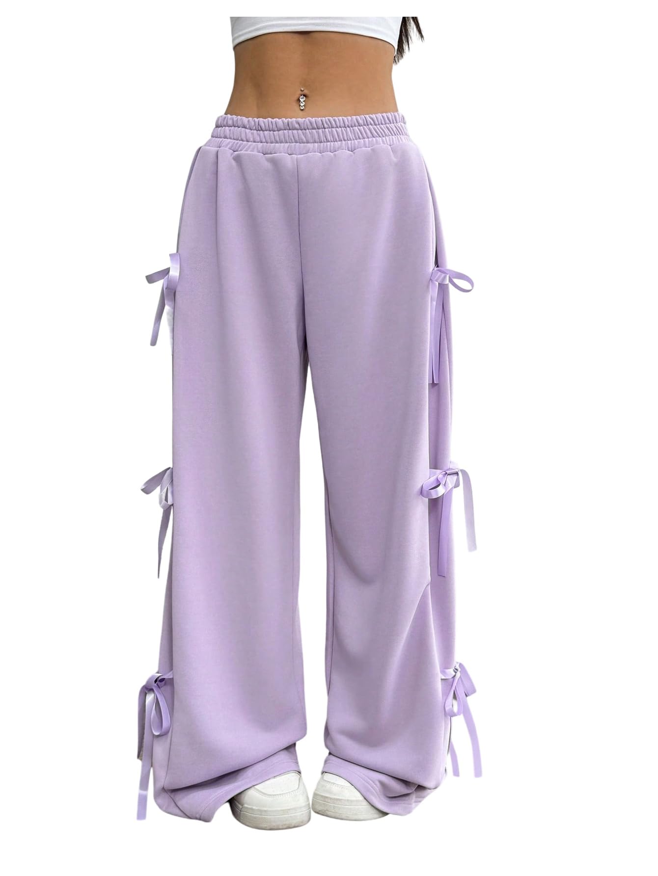 Women's Bow Wide Leg Sweatpants Elastic Waist Casual Baggy Pants with Pocket