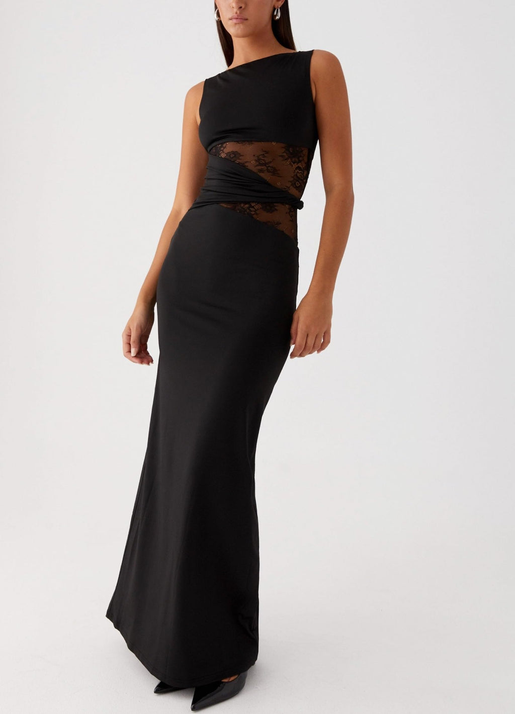 Women Satin Bodycon Maxi Dress Y2K Lace Patchwork Sleeveless Dress Backless Cutout Long Lace Dress Elegant