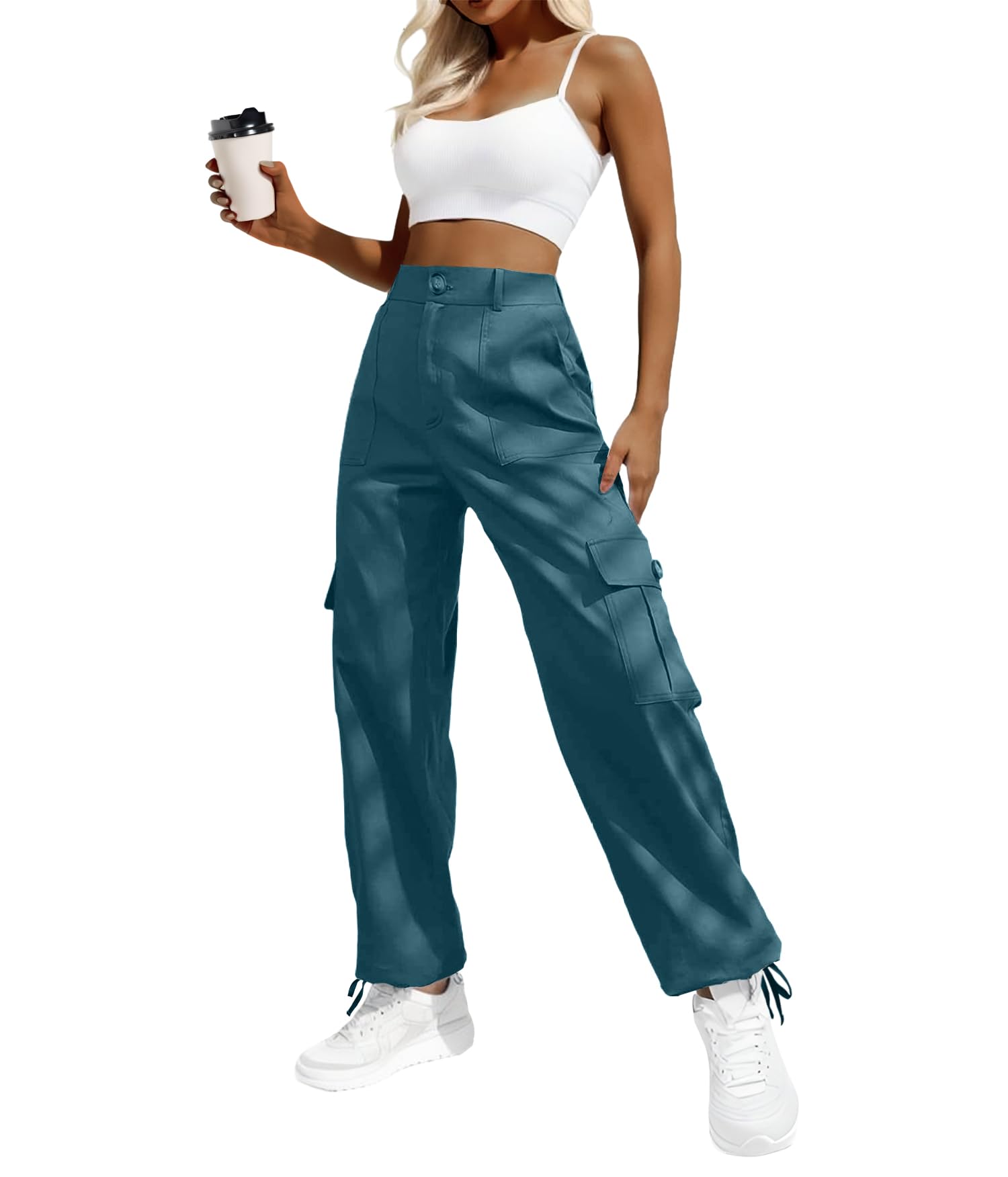 Women's High-Waisted Cargo Pants â€?Y2K Streetwear Baggy with 6 Pockets & Drawstring Cuffs