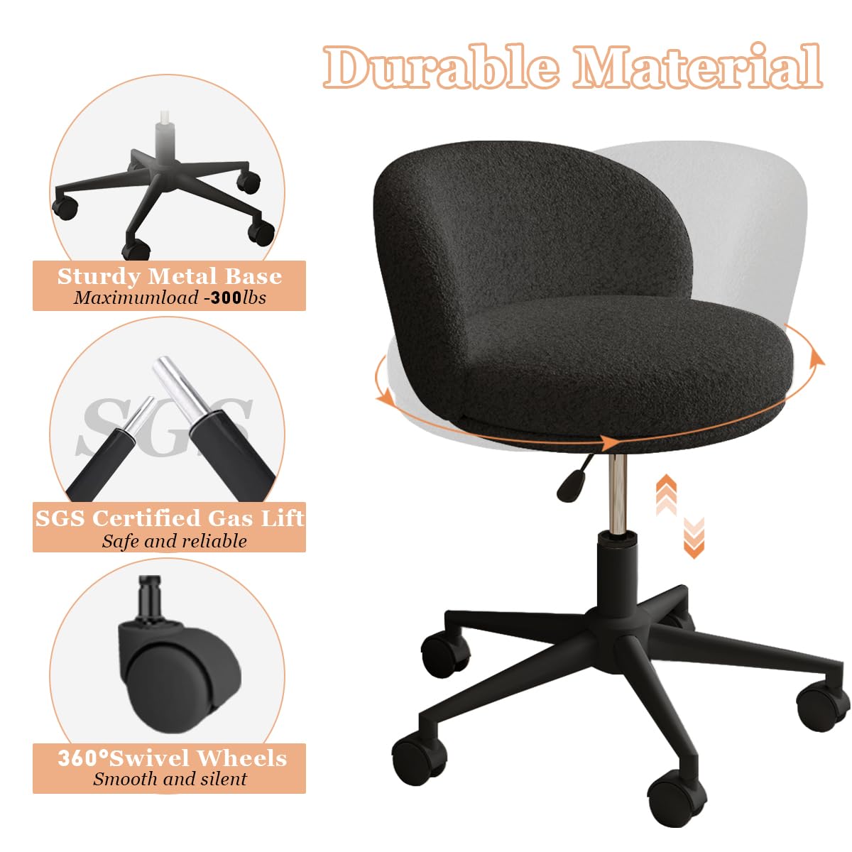 Modern Vanity Chair with Back, 360° Swivel Makeup Desk Chair Small Office Chair with Wheels, Height Adjustable Armless Computer Task Chair