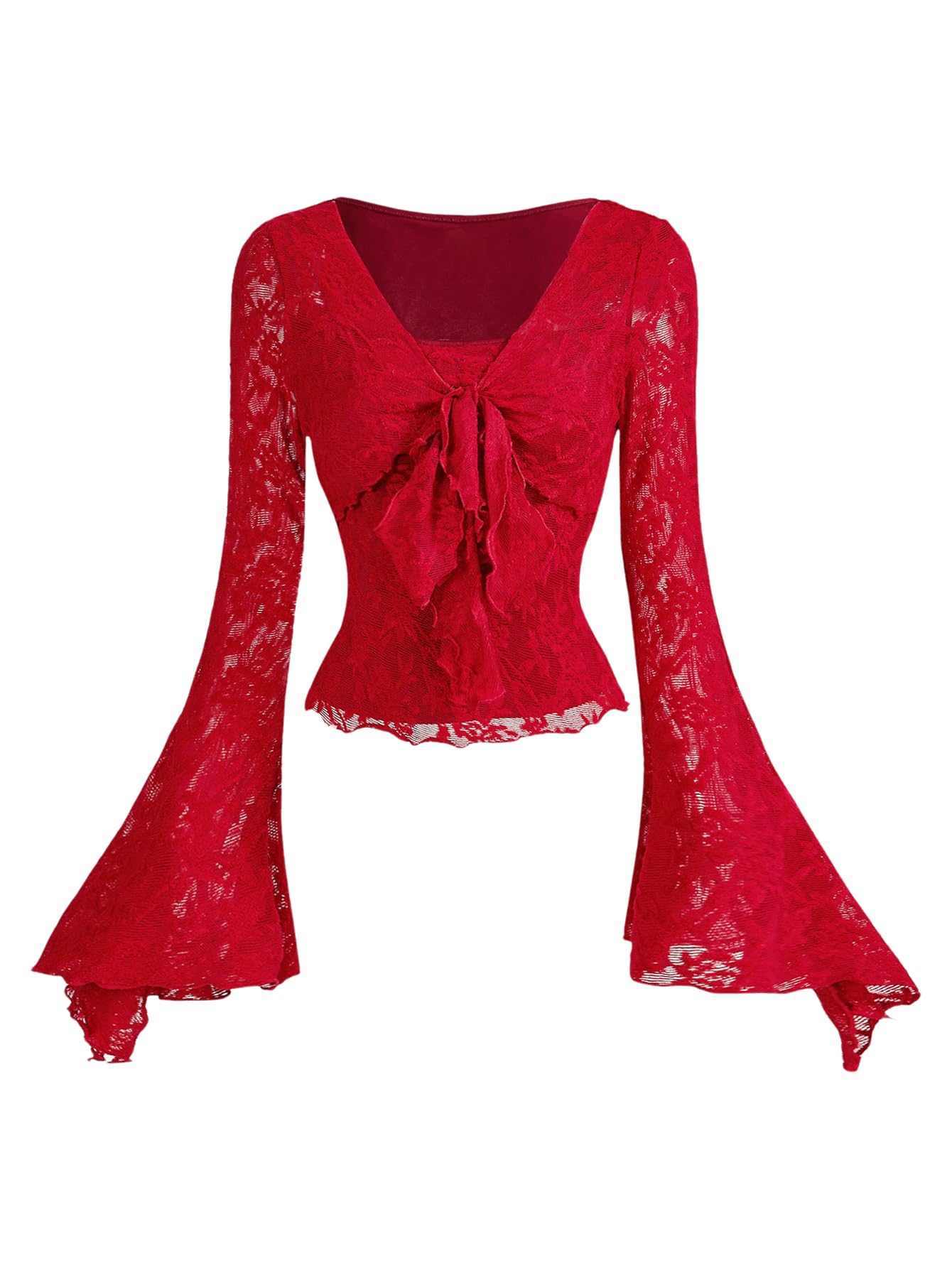 Verdusa Women's Floral Print Mesh Bell Sleeve Tie-Front Top with Lettuce Trim