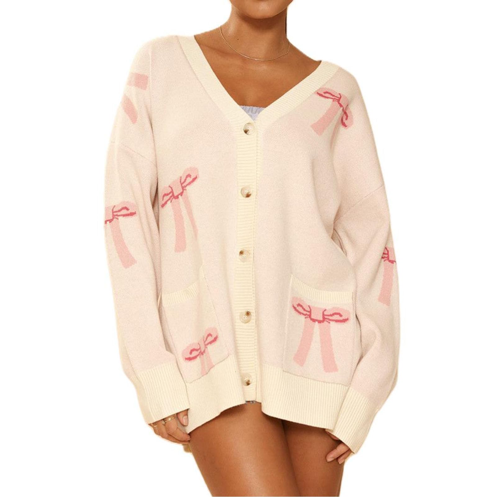 Women Bow Embroidery Cardigans - Open Front Drop Shoulder Sleeve V Neck Knit Button Jumper Sweater Jacket Knitwear