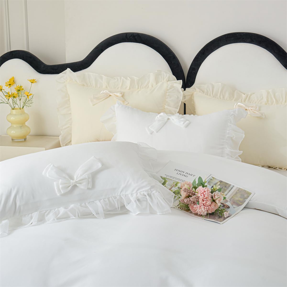 Ruffle Duvet Cover Bedding Set with Bowtie, 2 Pieces Comforter Cover Set with Zipper Closure with Pillowcase