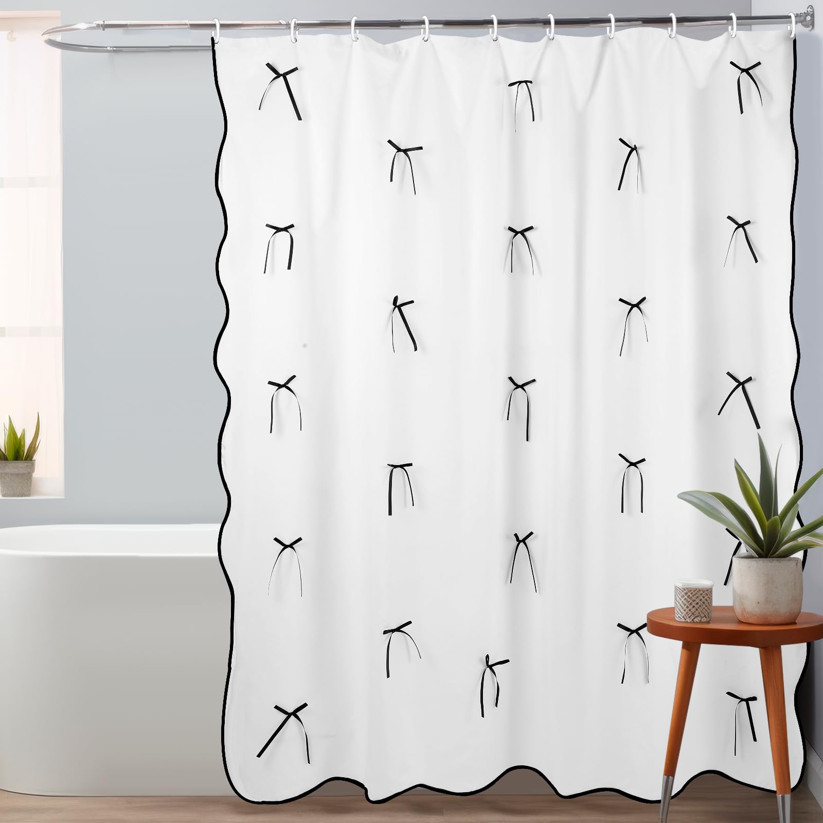 Cute Scalloped Bath Bow Shower Curtain with 12 Hooks Bowknot Waterproof Aesthetic Bathroom Decor for Women Girls Accessory, 72 Inches