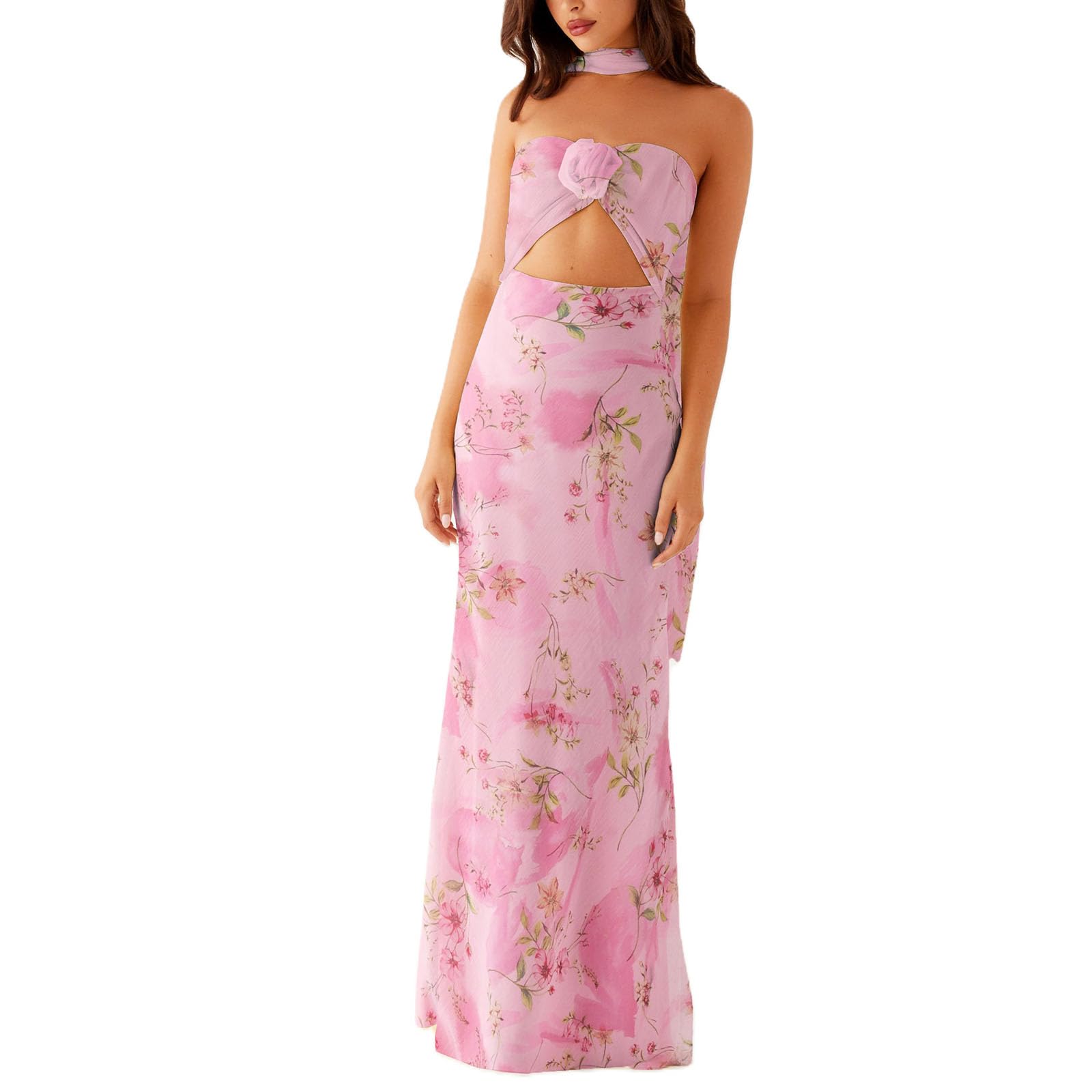 Women's Strapless Neck Scarf Floral Dresses Open Back Bodycon Long Dress Maxi Fitted Sundress