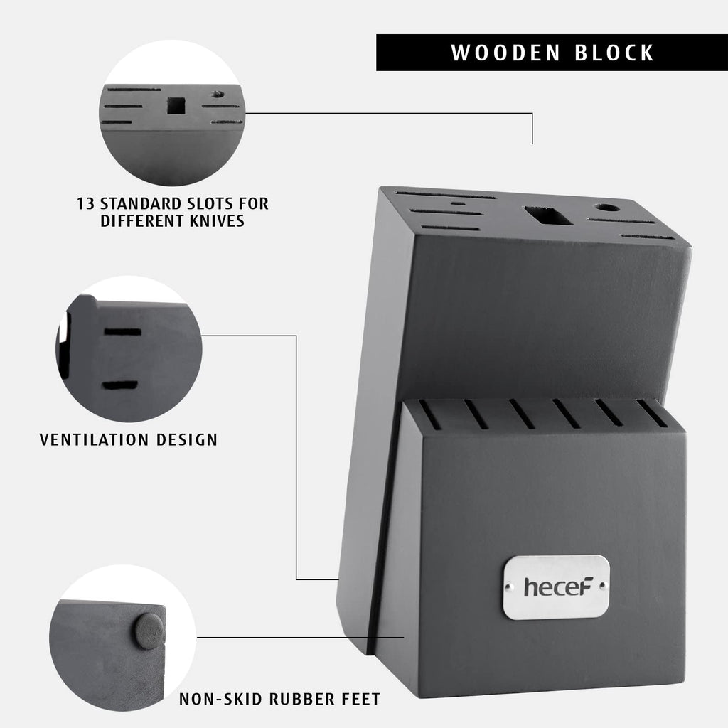 Kitchen Knife Block Set, 14 Pieces Knife Set with Wooden Block & Sharpener Steel & All-purpose Scissors, High Carbon Stainless Steel Cutlery Set