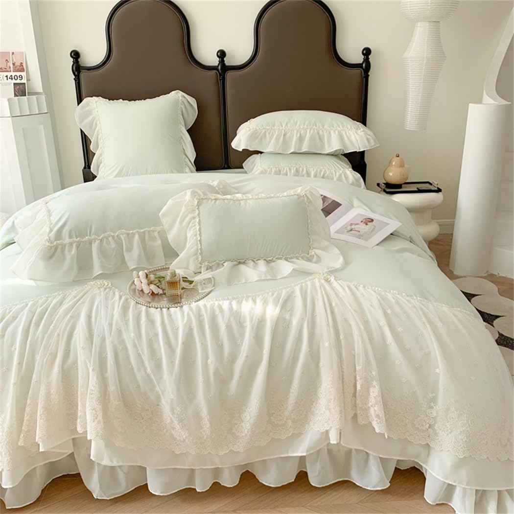 Lace Duvet Cover - Chiffon Ruffled Beddding Set with Flower, 3 Pieces Comforter Cover Set with Zipper Closure and Pillowcase