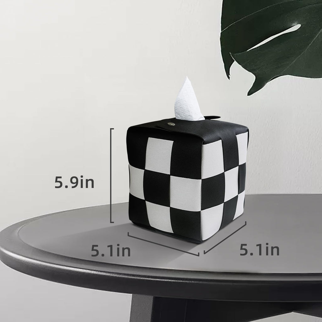 PU Leather Tissue Box Holder with Metal Buckle, Checkered Tissue Box, Decorative Organizer