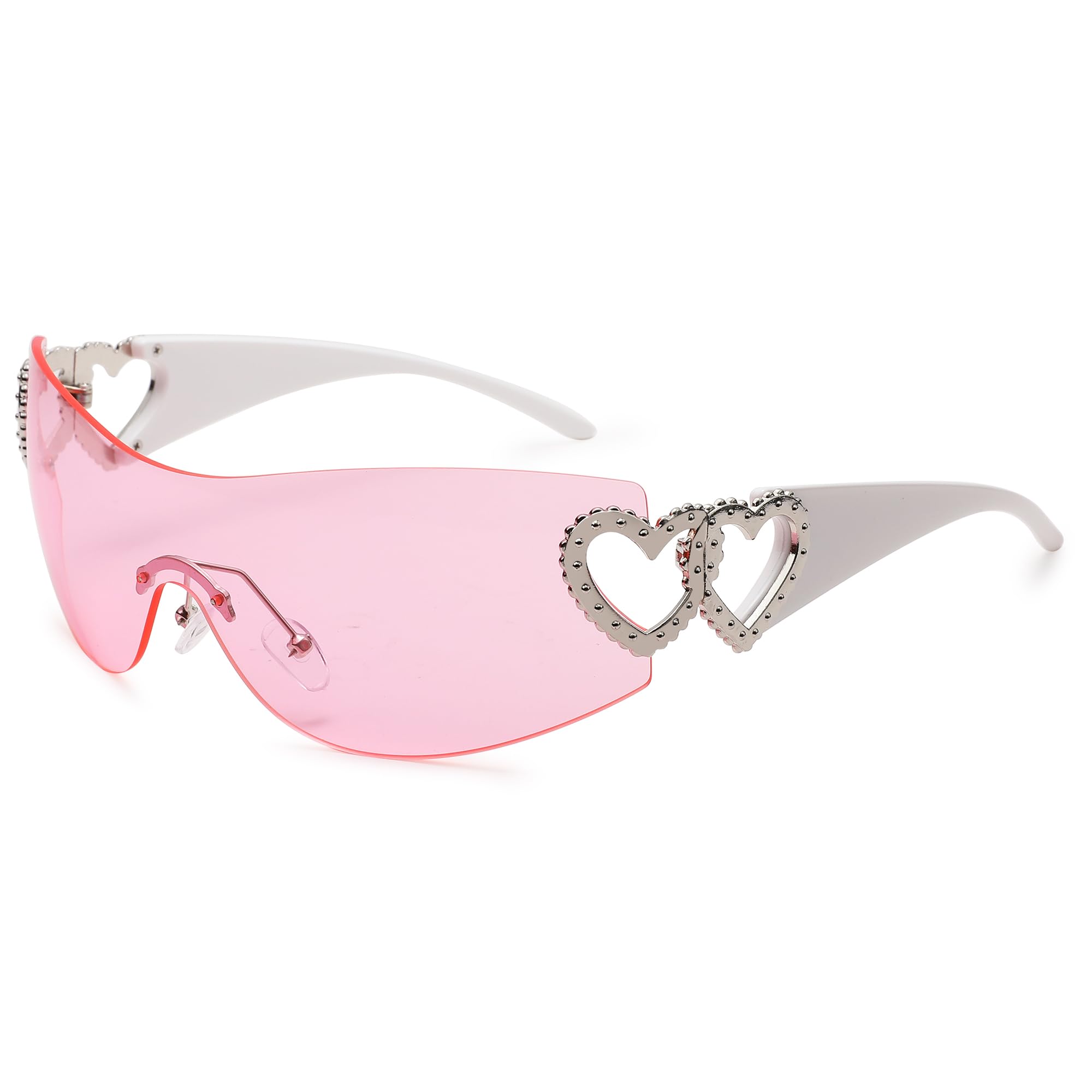 Wrap Around Heart Rhinestones Rimless Sunglasses Women Men, Oversized Fashion Futuristic Sun Glasses Cool Shade 2000S Trendy