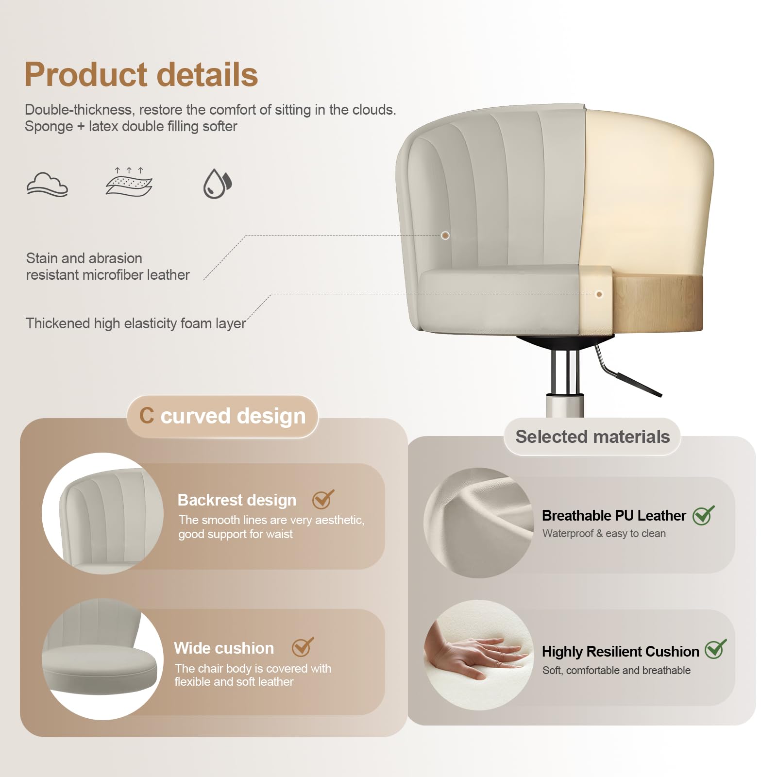 Small Desk Chair Round Rolling Chair with Back PU Leather Height Adjustable Swivel Vanity Work Computer Stool Chair