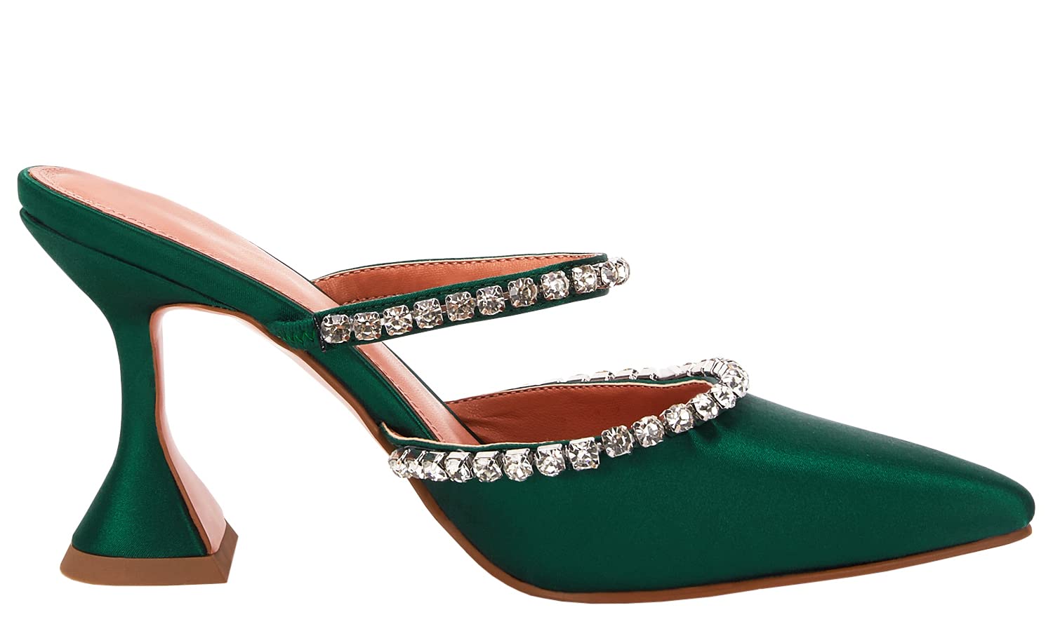 Women's Pointed Toe Strappy Heels Crystal Satin Heeled Mules Shoes